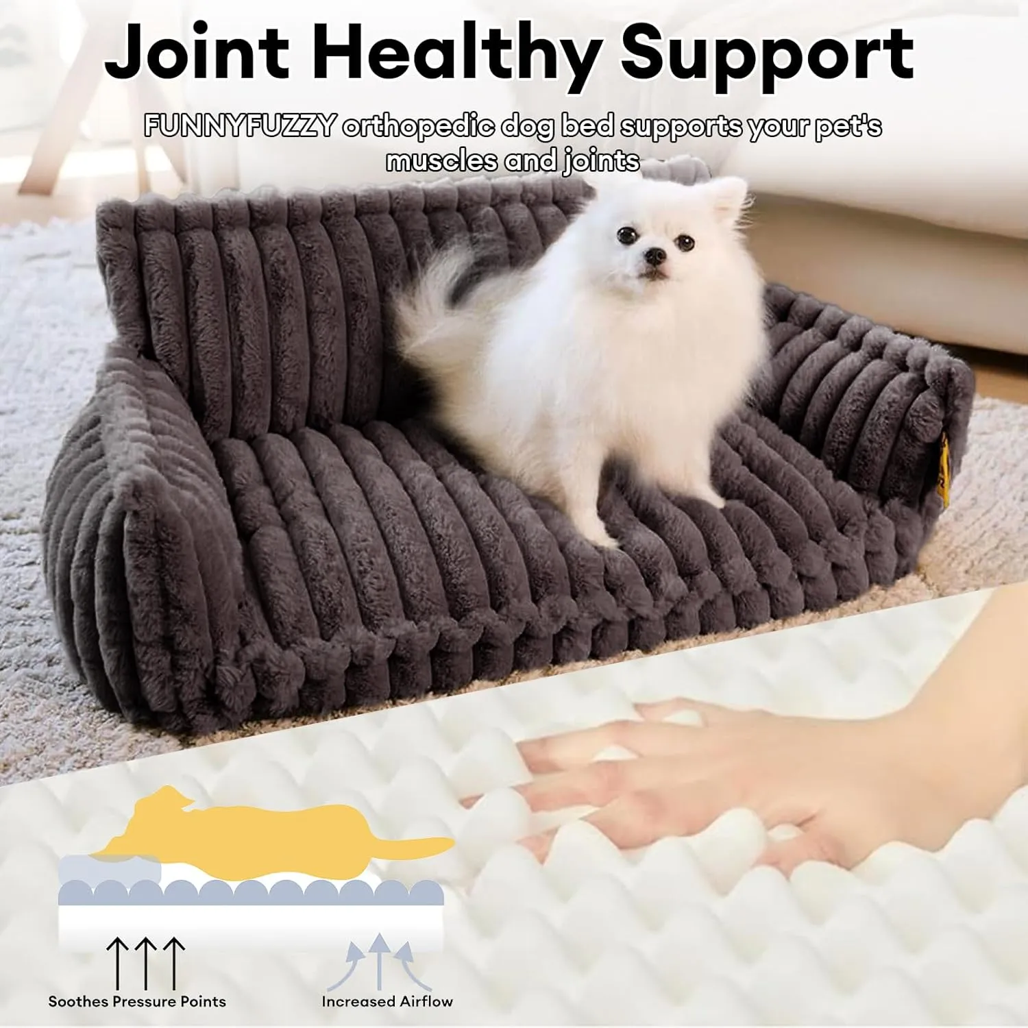 FUNNY FUZZY Dog Bed for Medium Large Dogs - Orthopedic Dog Sofa with Removable Washable Cover and Anti-Slip Bottom, Supportive Foam Pet Couch Bed (Dark Grey, XXL)