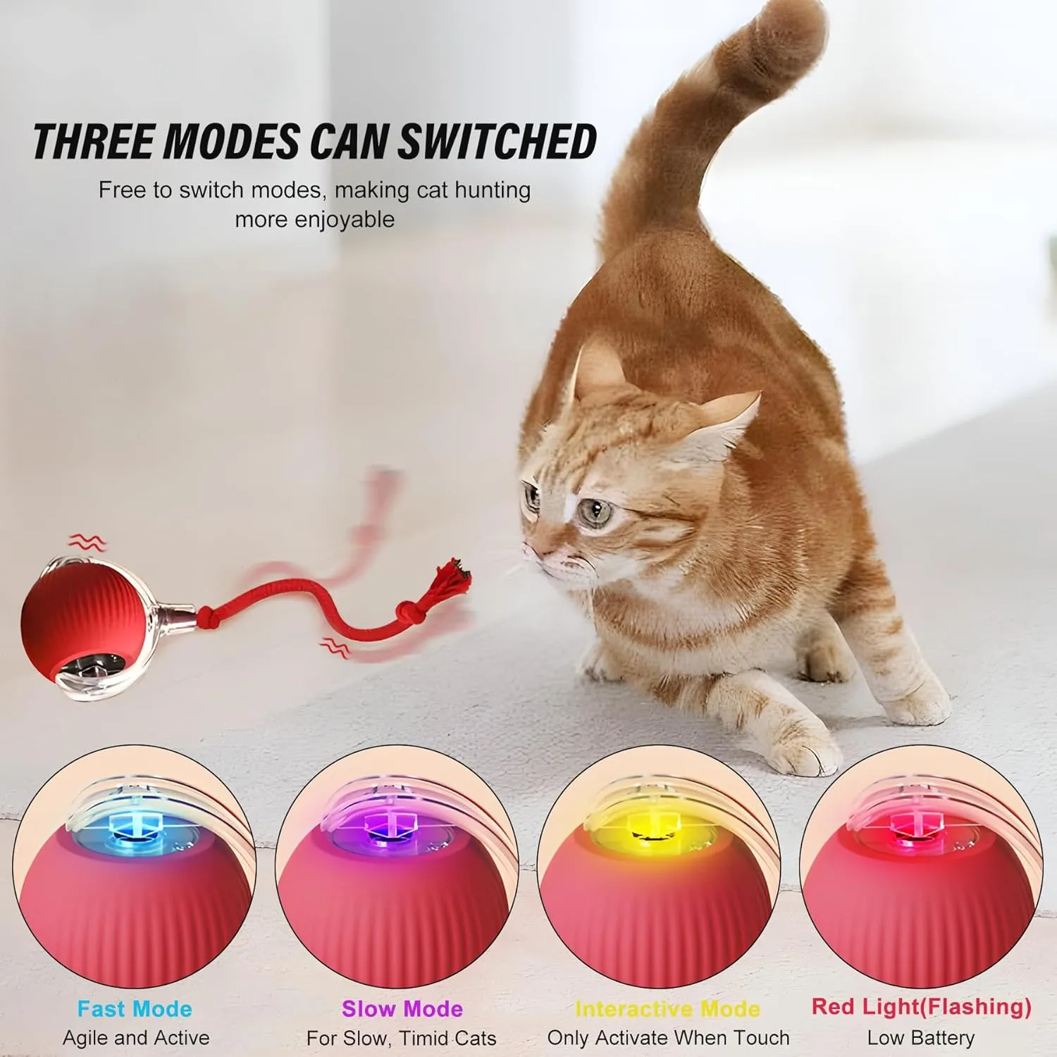 Indoor Cat Interactive Toy Ball Version 2025 - Random Rolling,Flashing on Floor,360 Automatic Rolling Ball Toy for Dogs/Cats (Red)