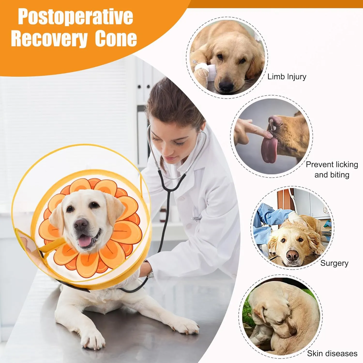 Inflatable Dog Cone Collar with Enhanced Anti-Licking, Soft Neck Donut for Dogs Cats, Recovery Pet Cone Collar After Surgery for Large Medium Small Dogs (Yellow Flower, Medium)