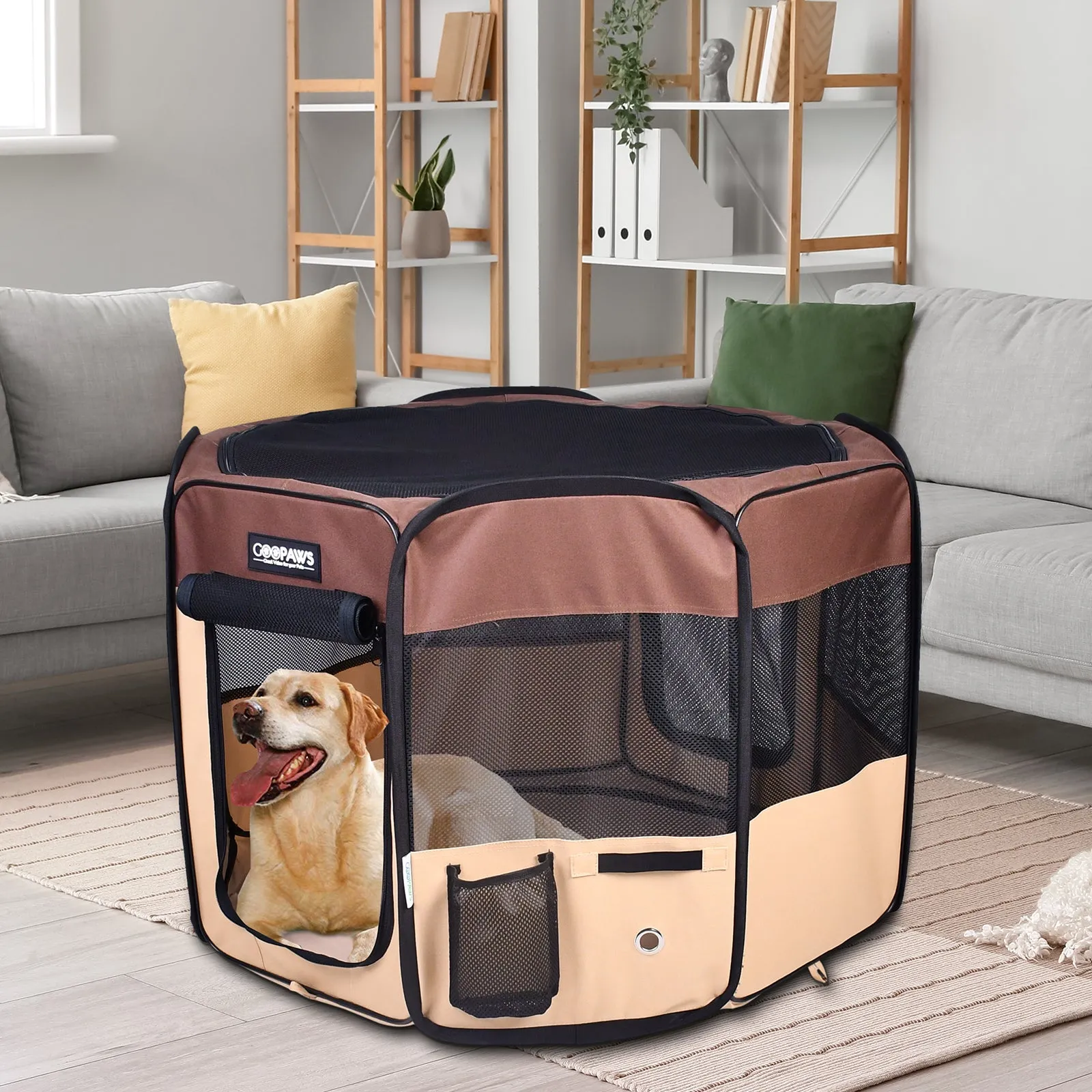 Jespet 2-Door Portable Soft-Sided Dog, Cat & Small Pet Exercise Playpen, Brown, 36''