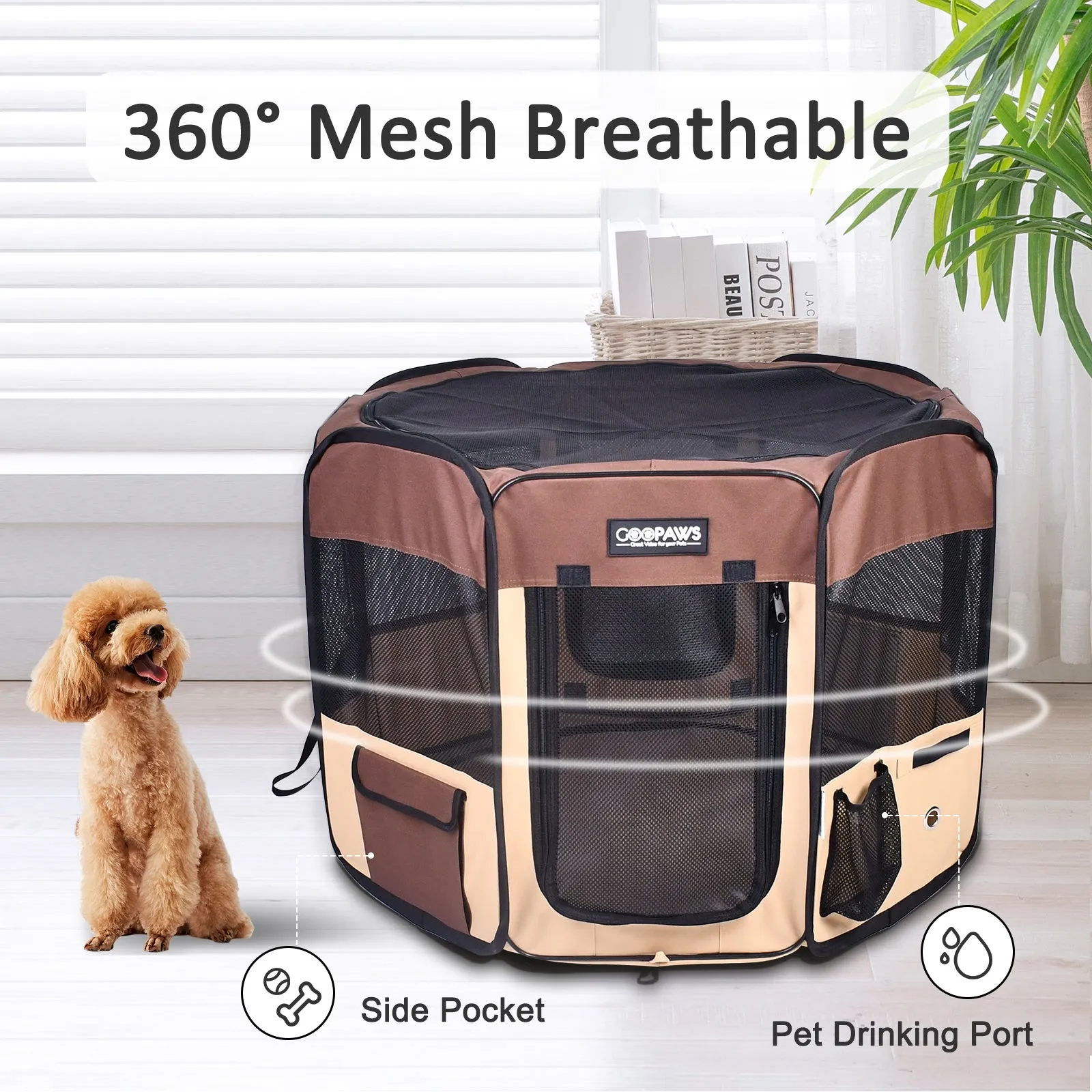 Jespet 2-Door Portable Soft-Sided Dog, Cat & Small Pet Exercise Playpen, Brown, 36''