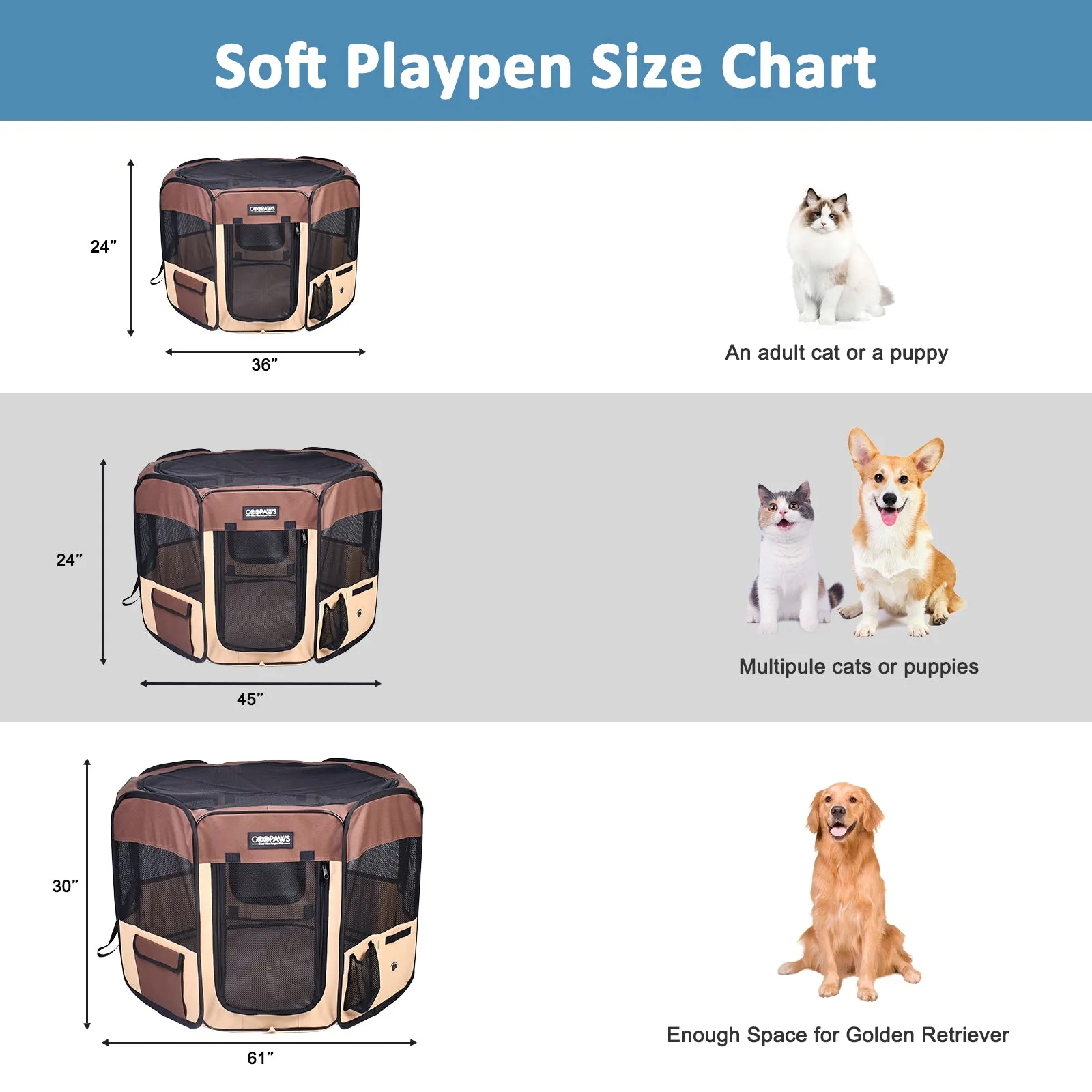 Jespet 2-Door Portable Soft-Sided Dog, Cat & Small Pet Exercise Playpen, Brown, 36''