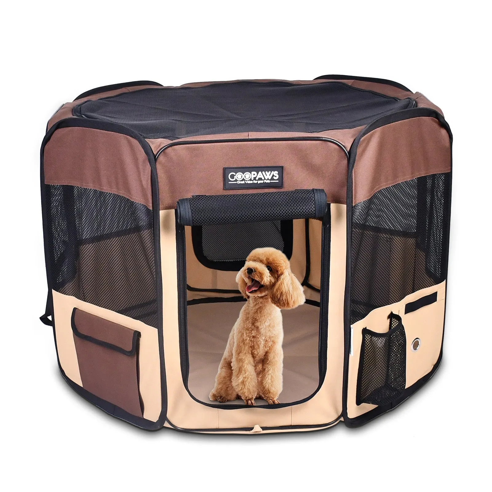 Jespet 2-Door Portable Soft-Sided Dog, Cat & Small Pet Exercise Playpen, Brown, 36''