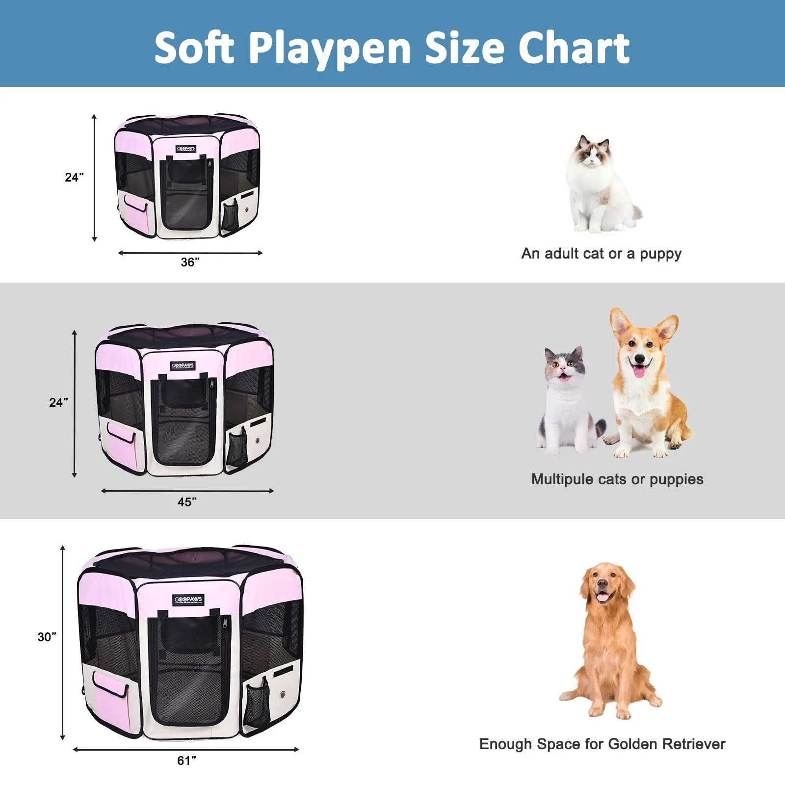 Jespet 2-Door Portable Soft-Sided Dog, Cat & Small Pet Exercise Playpen, Pink, 61''