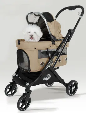 JK Pawadore 4 Wheels Pet Stroller Best Lightweight Foldable Portable Secure Easy Lock NO-Zip 180  Canopy Sun Shades Waterproof for Small/Medium Dogs 33lbs with Large Storage Basket (Khaki)
