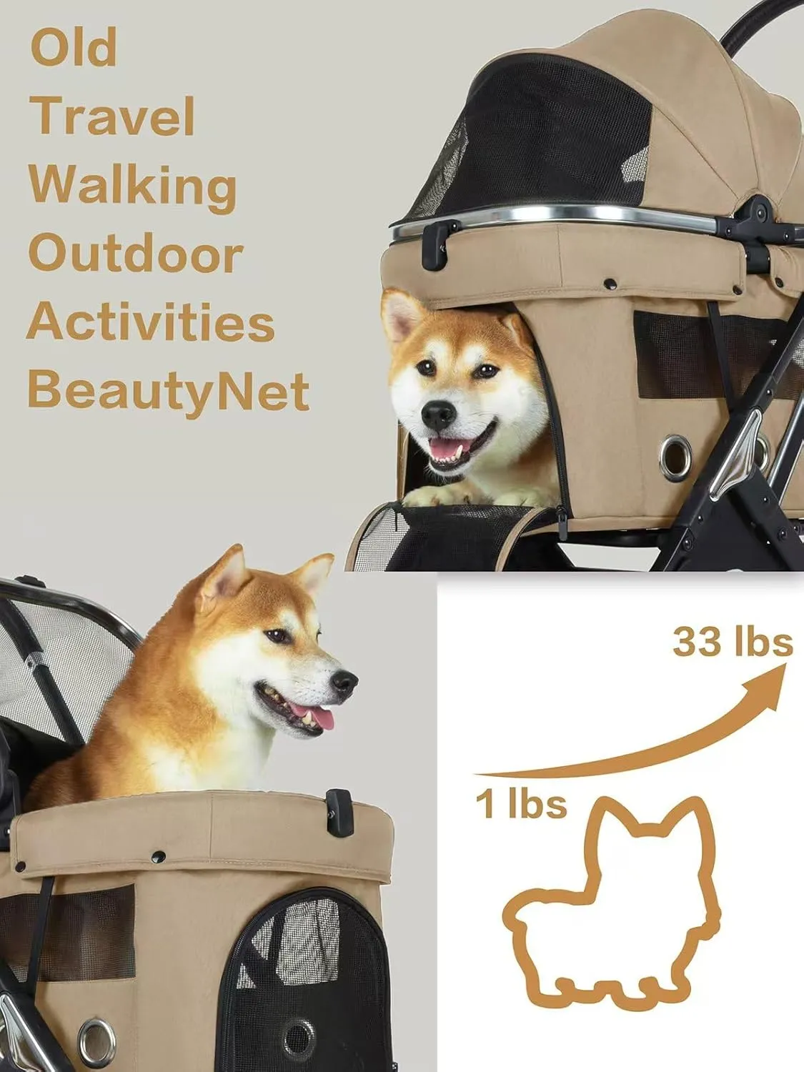 JK Pawadore 4 Wheels Pet Stroller Best Lightweight Foldable Portable Secure Easy Lock NO-Zip 180  Canopy Sun Shades Waterproof for Small/Medium Dogs 33lbs with Large Storage Basket (Khaki)
