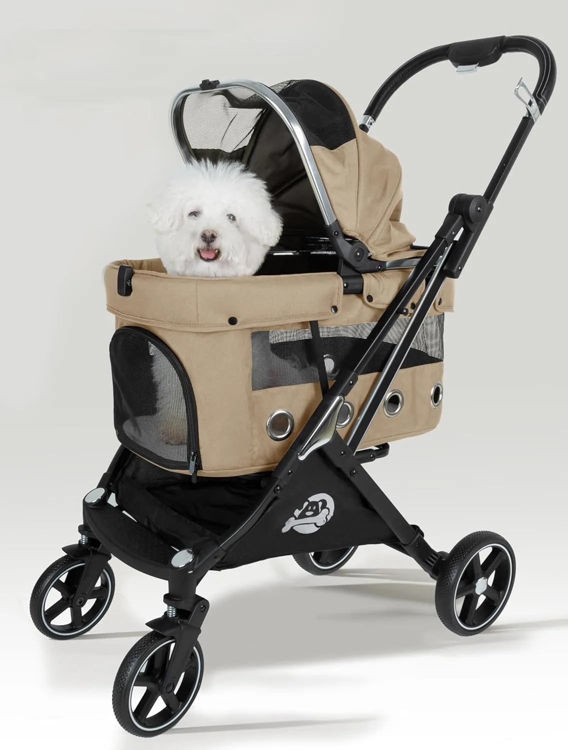 JK Pawadore 4 Wheels Pet Stroller Best Lightweight Foldable Portable Secure Easy Lock NO-Zip 180  Canopy Sun Shades Waterproof for Small/Medium Dogs 33lbs with Large Storage Basket (Khaki)