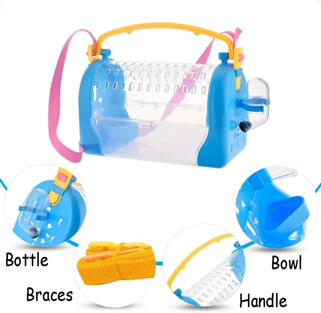 kathson Portable Hamster Cage Dwarf Hamster Carry Travel Cage with Water Bottle Food Bowl Adjustable Strap Pet Outgoing Cage for Gerbil Hedgehog Mice Squirrel