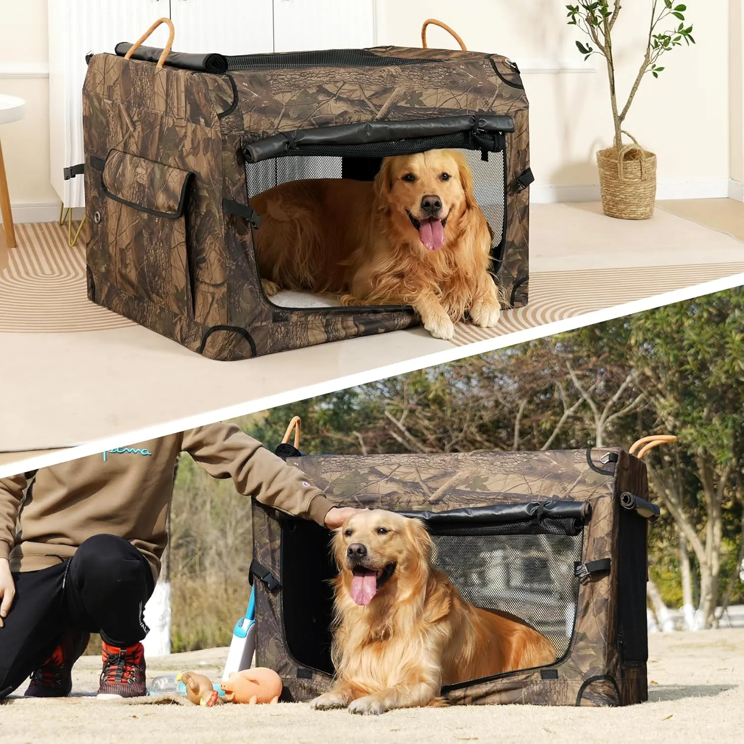 KOOPRO 27.5 Inch Collapsible Dog Crate, Portable Soft-Sided Dog Travel Carrier Camouflage Style Pet Kennel 4-Door with Durable Mesh Windows, Washable Mat, Indoor & Outdoor for Small Medium Large Dogs