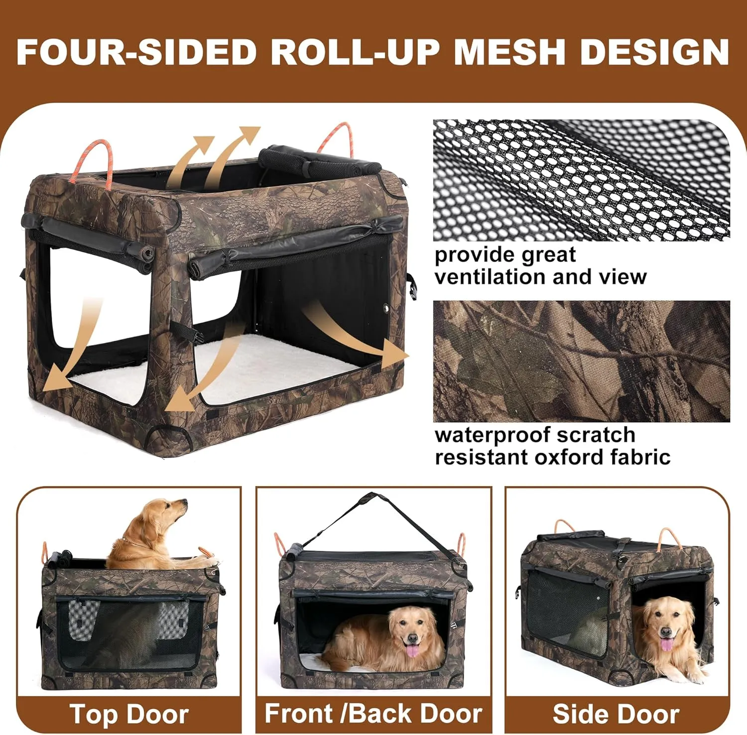 KOOPRO 27.5 Inch Collapsible Dog Crate, Portable Soft-Sided Dog Travel Carrier Camouflage Style Pet Kennel 4-Door with Durable Mesh Windows, Washable Mat, Indoor & Outdoor for Small Medium Large Dogs