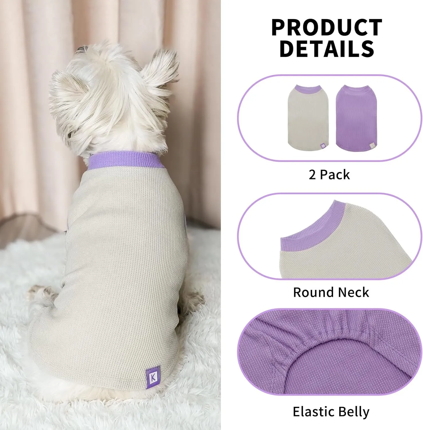 KYEESE 2Pack Dog Shirts Waffle for Small Dogs, Stretchy T-Shirts, Lightweight Tank Top, Sleeveless Vest, Breathable Cat Shirt, Medium, Purple   Grey