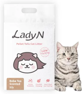 Lady N Pellet Tofu Cat Litter, Boba Tea Scent, Strong Clumping, Ultra Absorbent, Natural Food-Grade Ingredients, Dust-Free, Low Tracking, Enviro-Probiotic Odor Control, Water-Soluble (9lb)