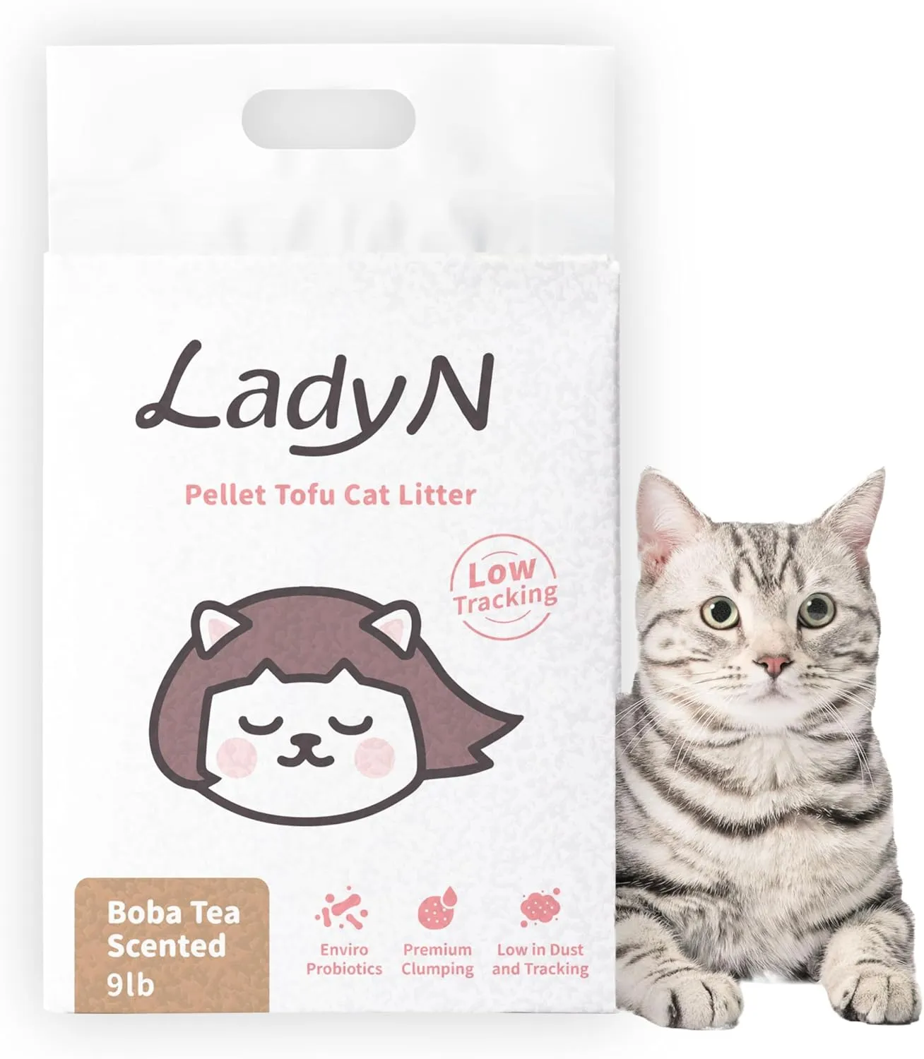 Lady N Pellet Tofu Cat Litter, Boba Tea Scent, Strong Clumping, Ultra Absorbent, Natural Food-Grade Ingredients, Dust-Free, Low Tracking, Enviro-Probiotic Odor Control, Water-Soluble (9lb)