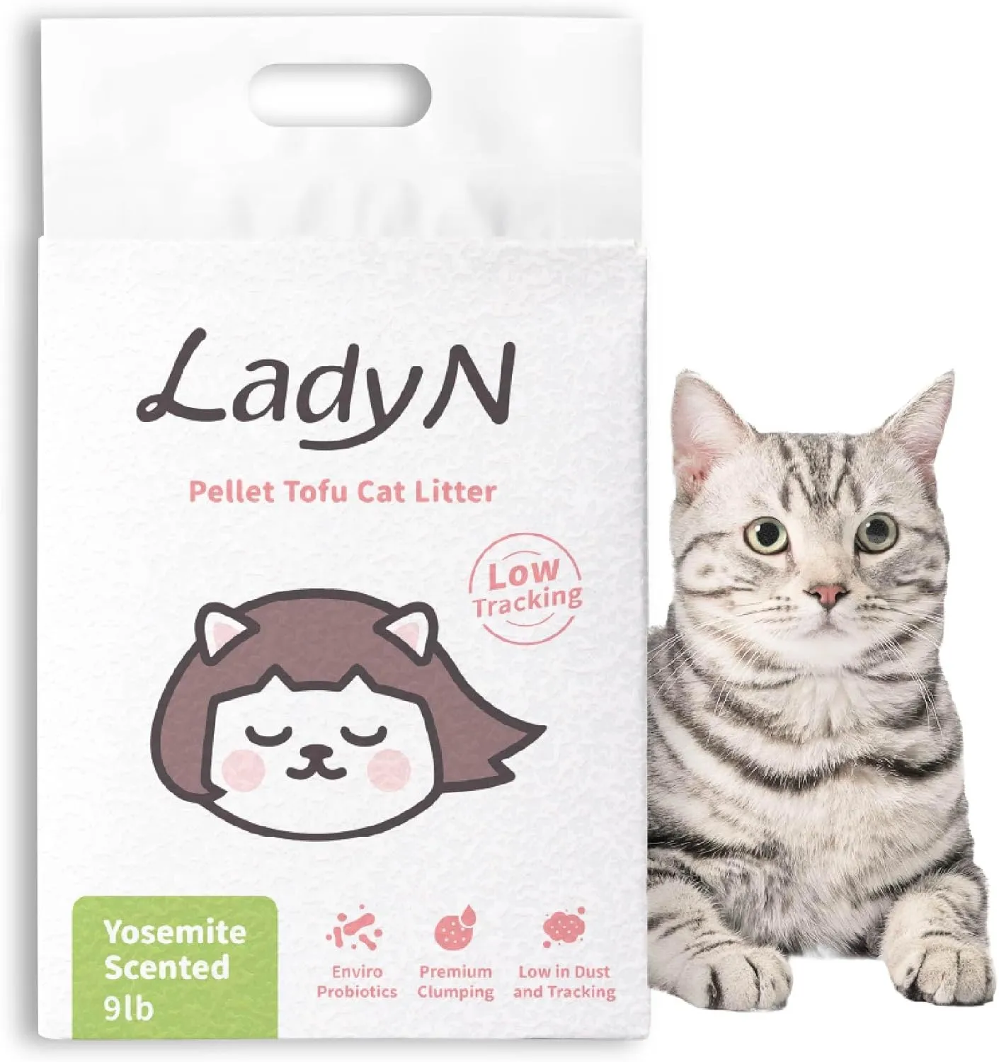 Lady N Pellet Tofu Cat Litter, Strong Clumping, Ultra Absorbent Natural Litter, Dust-Free with Low Tracking Cat Litter Pellets, Enviro-Probiotic for Odor Control 9lb (Yosemite Woody Scent)