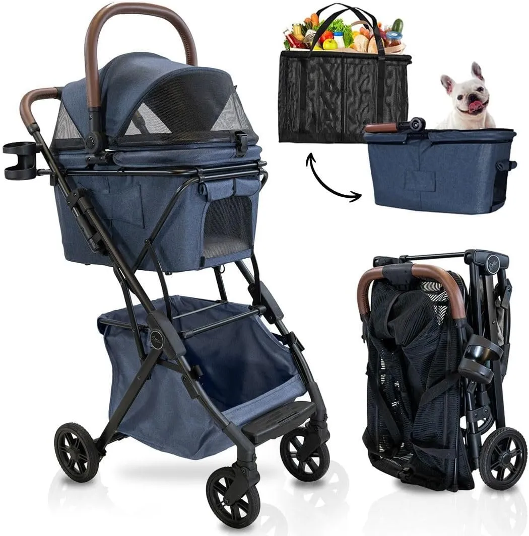 Luxury Pet Stroller & Personal Folding Shopping Cart on Premium Wheels  Lightweight Aluminum Frame  Removable Bassinet, Shopping Bag- Small to Medium Dogs & Cats (Blue v3 Pet Bassinet)