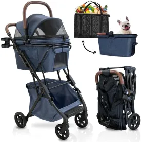Luxury Pet Stroller & Personal Folding Shopping Cart on Premium Wheels  Lightweight Aluminum Frame  Removable Bassinet, Shopping Bag- Small to Medium Dogs & Cats (Blue v3 Pet Bassinet)