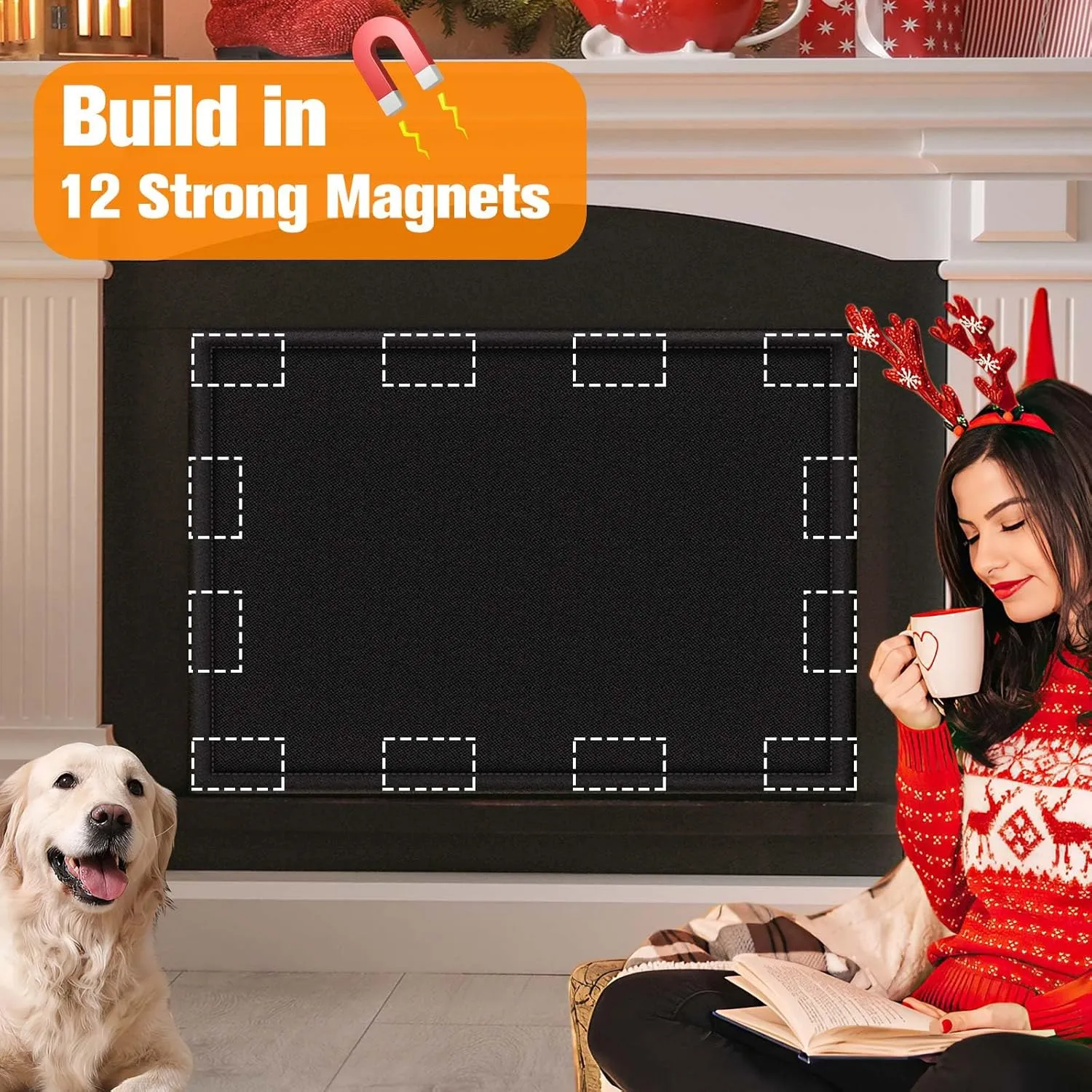 Magnetic Fireplace Cover, Fireplace Blocker Blanket Stops Heat Loss, Adjustable Fireplace Draft Stopper with 12 Magnets for Indoor Iron Frame Black 36" W x 36" H