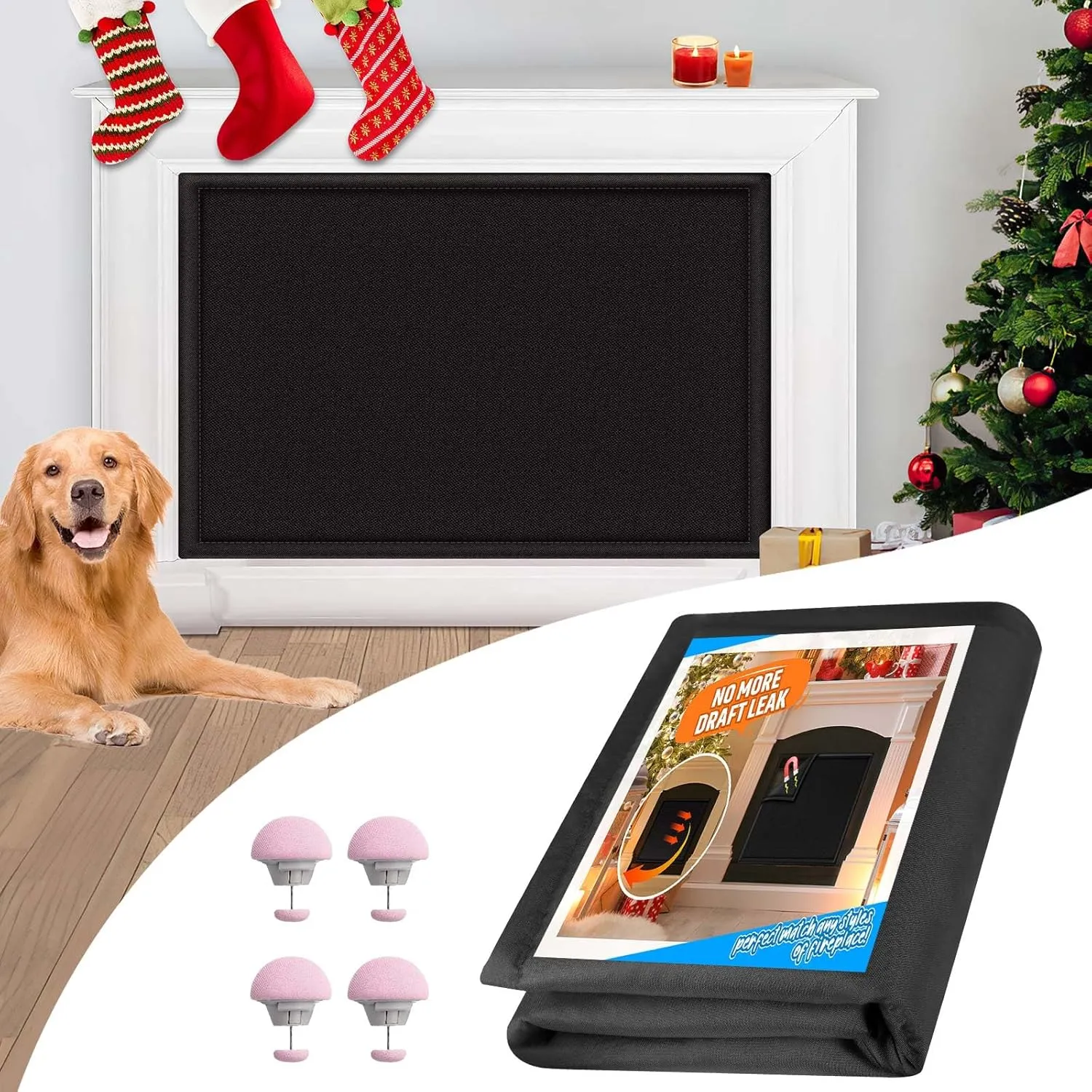 Magnetic Fireplace Cover, Fireplace Blocker Blanket Stops Heat Loss, Adjustable Fireplace Draft Stopper with 12 Magnets for Indoor Iron Frame Black 36" W x 36" H
