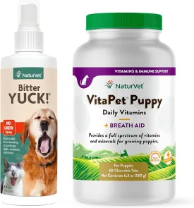 NaturVet VitaPet Puppy Daily Vitamins Plus Breath Aid for Puppies 60 ct - Bitter Yuck! No Chew Spray for Dogs Cats and Horses Pet Training Spray Liquid Made in The USA- 8 Ounce