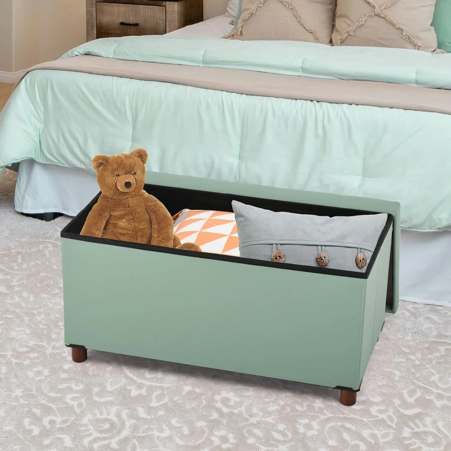 Ottoman Storage Bench for Living Room with Tray, Bedroom Foot Stool, Coffee Table Lid, Footstool with Legs, End of Bed - Faux Leather, 30" Inch (L-Blue)