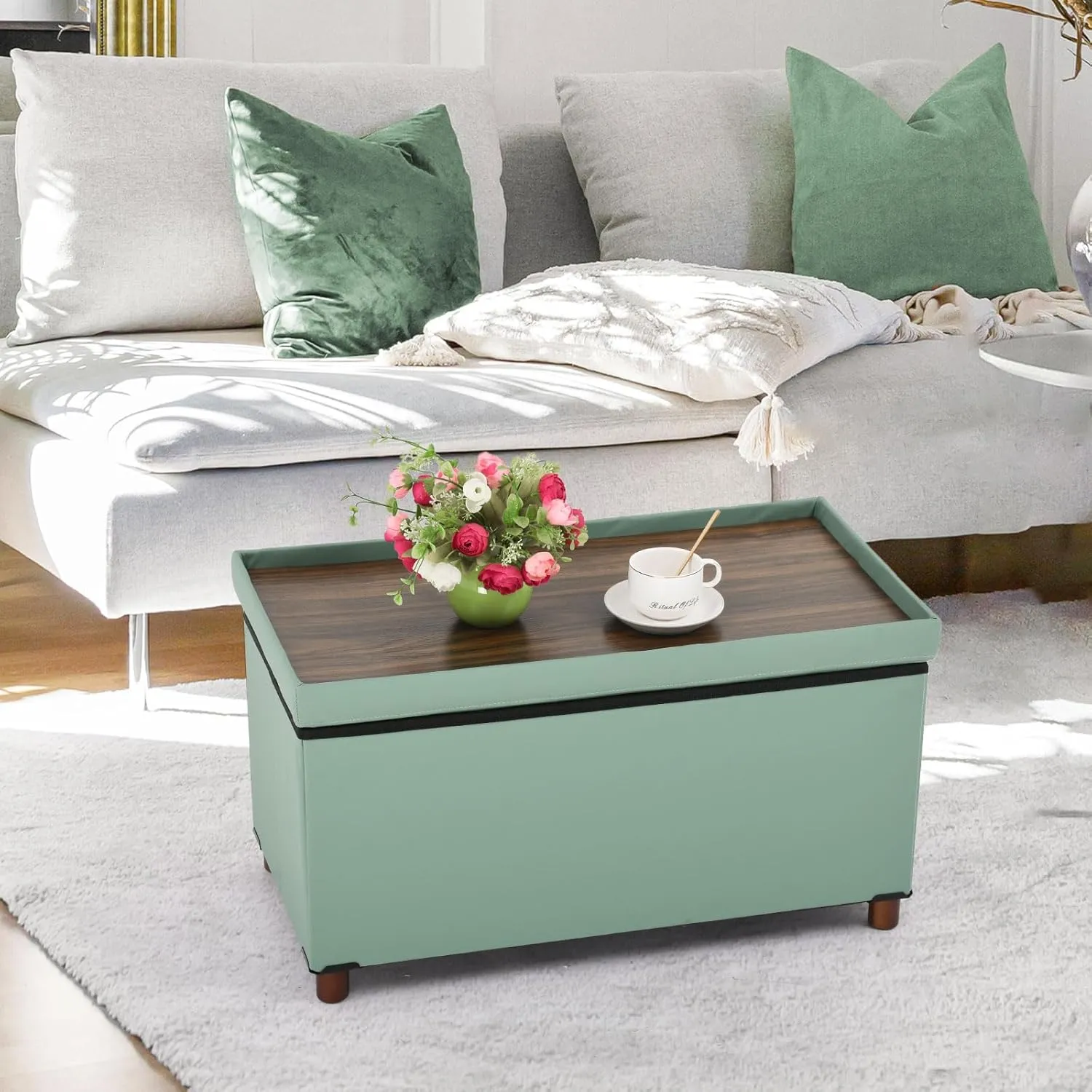 Ottoman Storage Bench for Living Room with Tray, Bedroom Foot Stool, Coffee Table Lid, Footstool with Legs, End of Bed - Faux Leather, 30" Inch (L-Blue)
