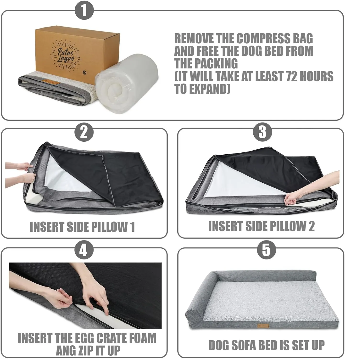 Patas Lague Orthopedic Jumbo Dog Bed for Extra Large Dogs 56''X40'', Waterproof L Shaped Jumbo Pet Sofa Beds with Removable Washable Cover, Soft Comfortable Pet Couch Mat with Nonskid Bottom, Grey