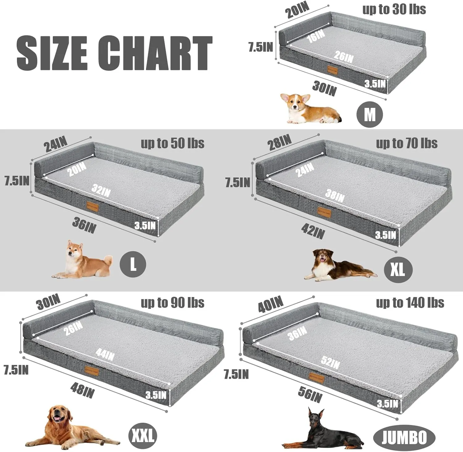 Patas Lague Orthopedic Jumbo Dog Bed for Extra Large Dogs 56''X40'', Waterproof L Shaped Jumbo Pet Sofa Beds with Removable Washable Cover, Soft Comfortable Pet Couch Mat with Nonskid Bottom, Grey