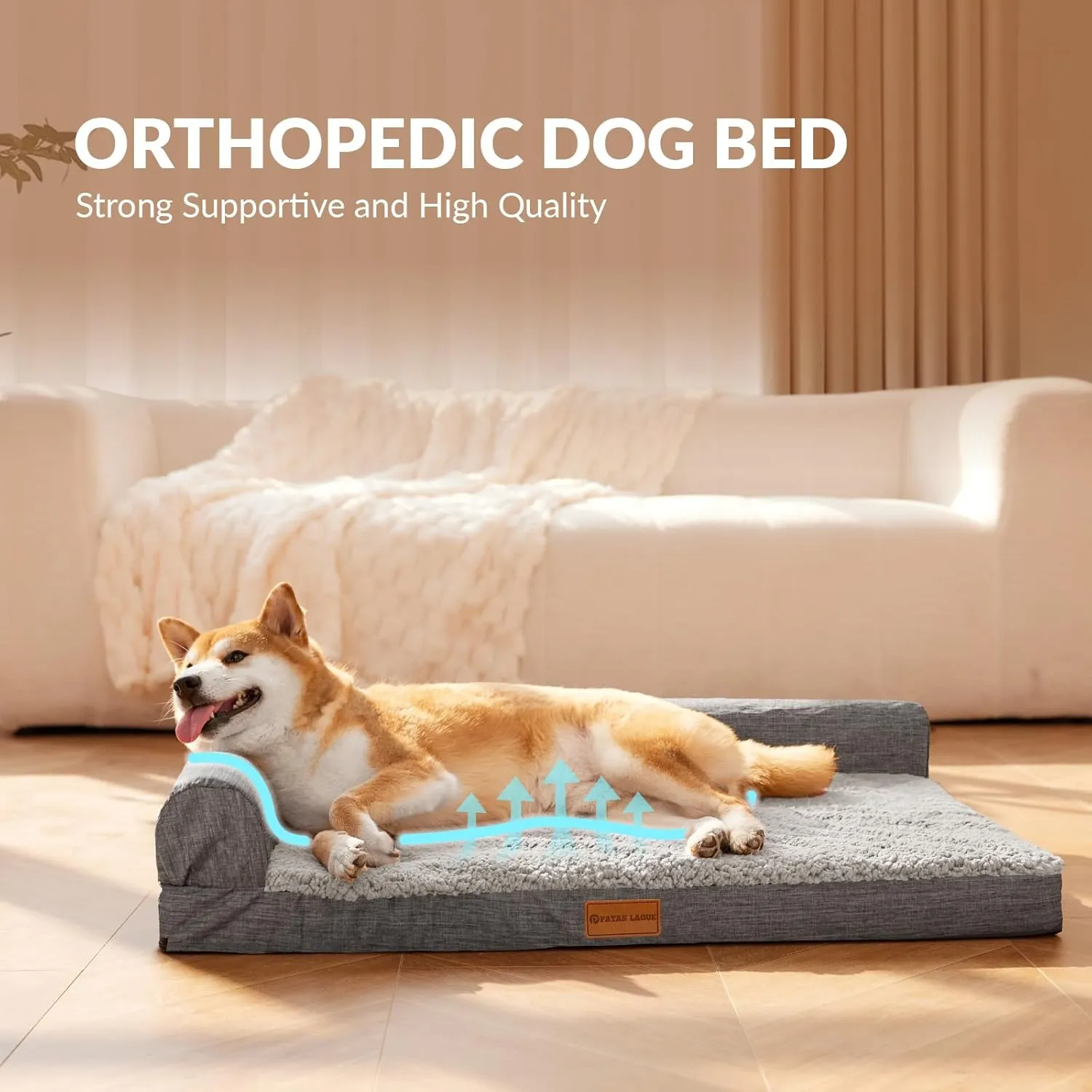 Patas Lague Orthopedic Jumbo Dog Bed for Extra Large Dogs 56''X40'', Waterproof L Shaped Jumbo Pet Sofa Beds with Removable Washable Cover, Soft Comfortable Pet Couch Mat with Nonskid Bottom, Grey