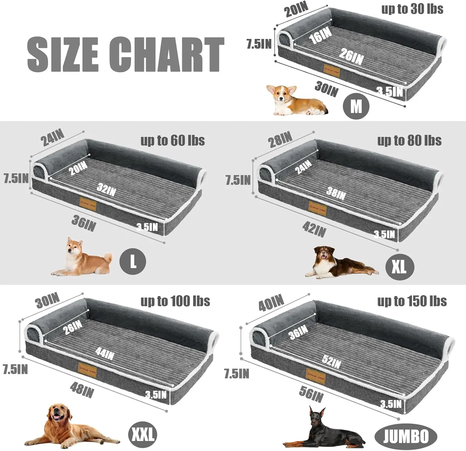 Patas Lague Orthopedic XXL Dog Bed for Extra Large Dogs 48''X30'', Waterproof Comfortable L Shaped Big Large Non-Slip Soft Warm Pet Sofa Sleep Bed mat with Removable Washable Cover, Grey