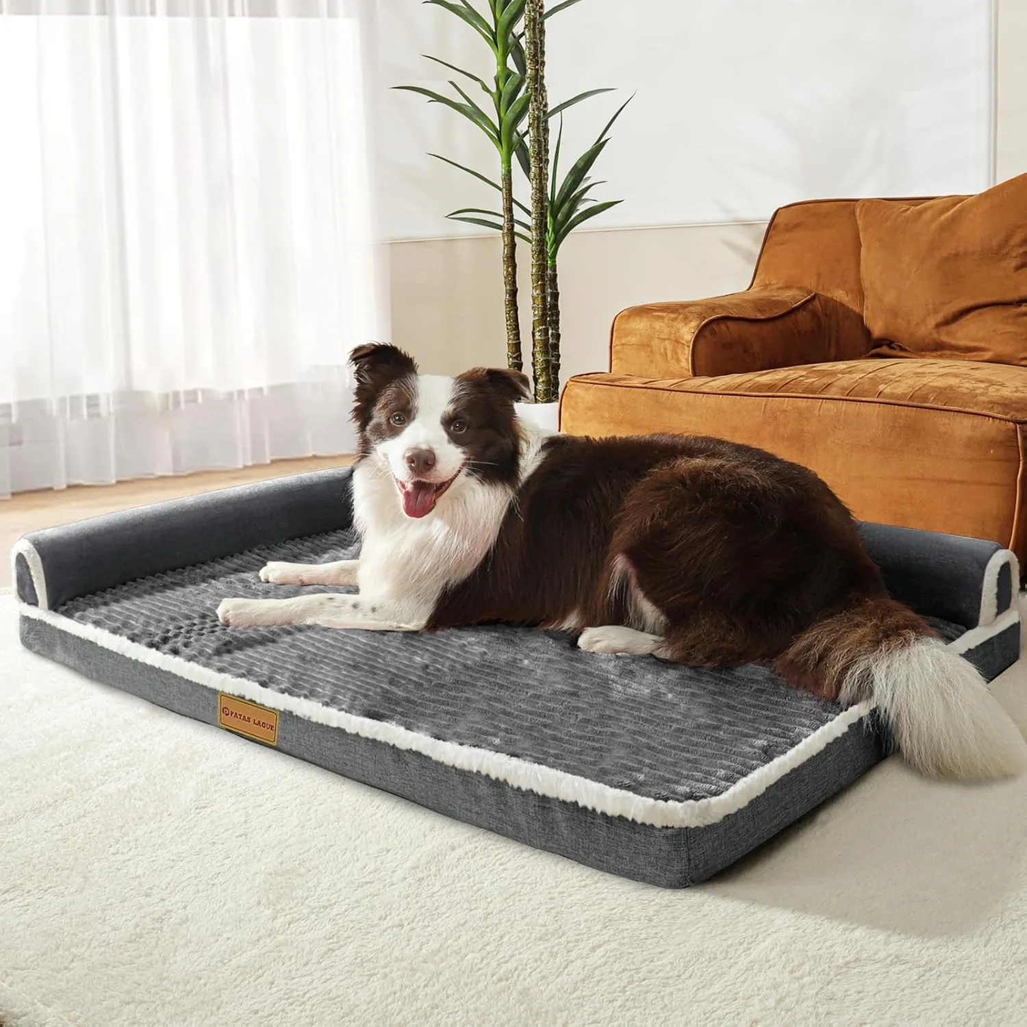 Patas Lague Orthopedic XXL Dog Bed for Extra Large Dogs 48''X30'', Waterproof Comfortable L Shaped Big Large Non-Slip Soft Warm Pet Sofa Sleep Bed mat with Removable Washable Cover, Grey