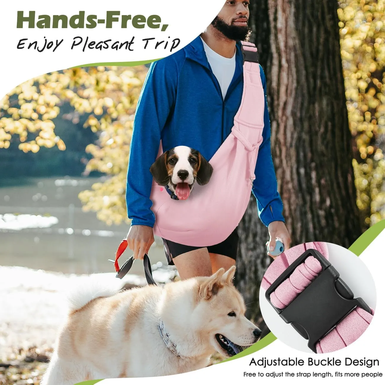 Pawaboo Dog Sling Carrier for Small Dogs, Reversible Hand Free Dog Carrier Sling with Adjustable Strap Buckle & Safety Leash, Soft Pouch and Tote, for Carry Small Dogs and Cats, Up to 12lbs,Light Pink