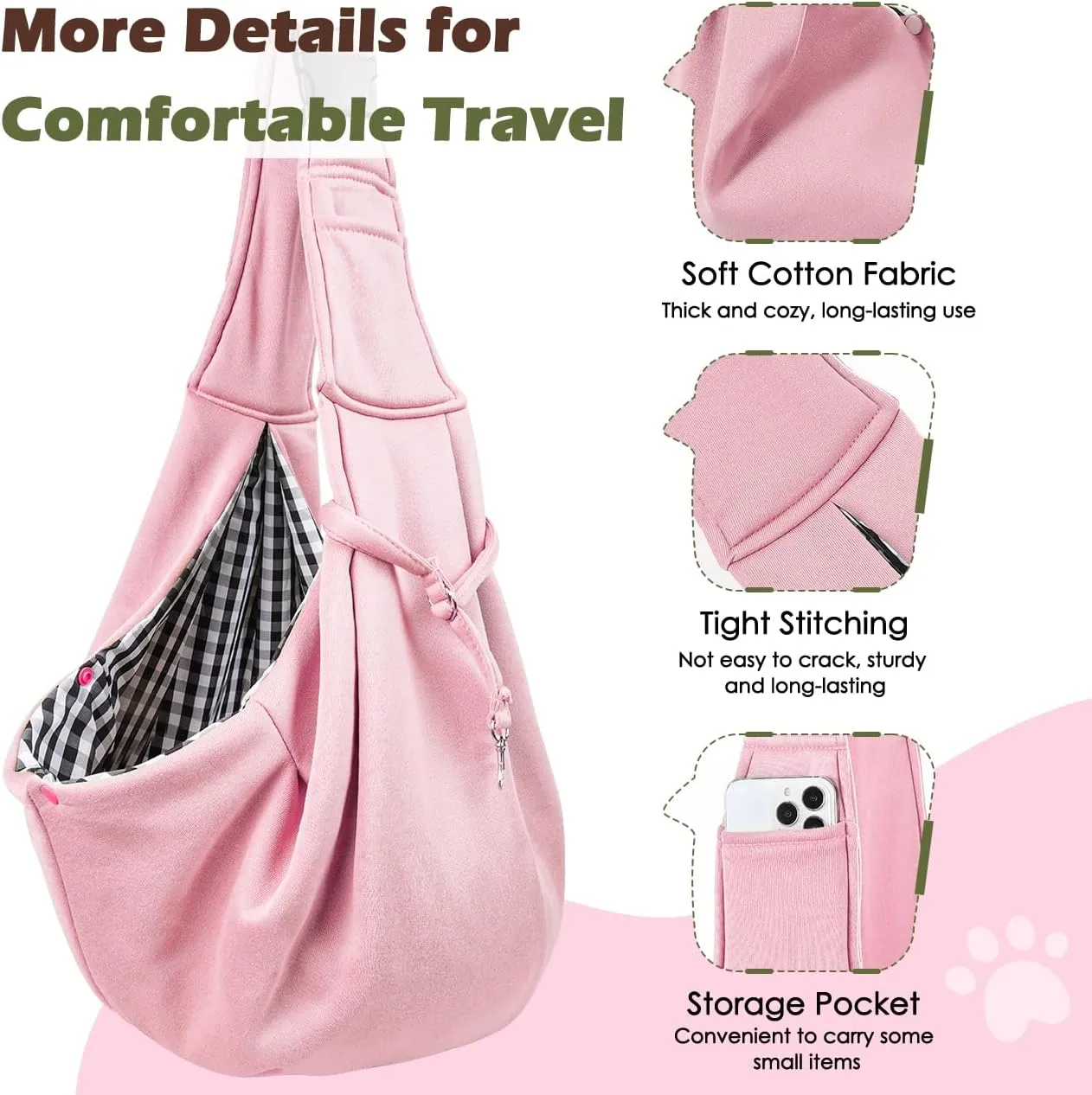 Pawaboo Dog Sling Carrier for Small Dogs, Reversible Hand Free Dog Carrier Sling with Adjustable Strap Buckle & Safety Leash, Soft Pouch and Tote, for Carry Small Dogs and Cats, Up to 12lbs,Light Pink