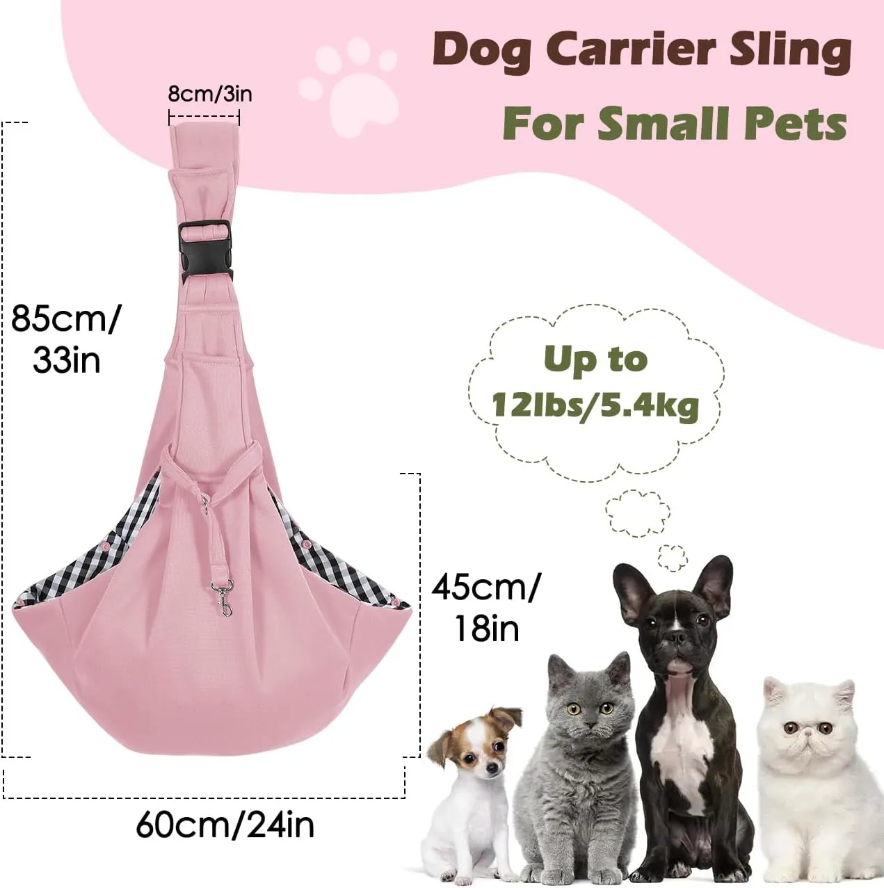 Pawaboo Dog Sling Carrier for Small Dogs, Reversible Hand Free Dog Carrier Sling with Adjustable Strap Buckle & Safety Leash, Soft Pouch and Tote, for Carry Small Dogs and Cats, Up to 12lbs,Light Pink