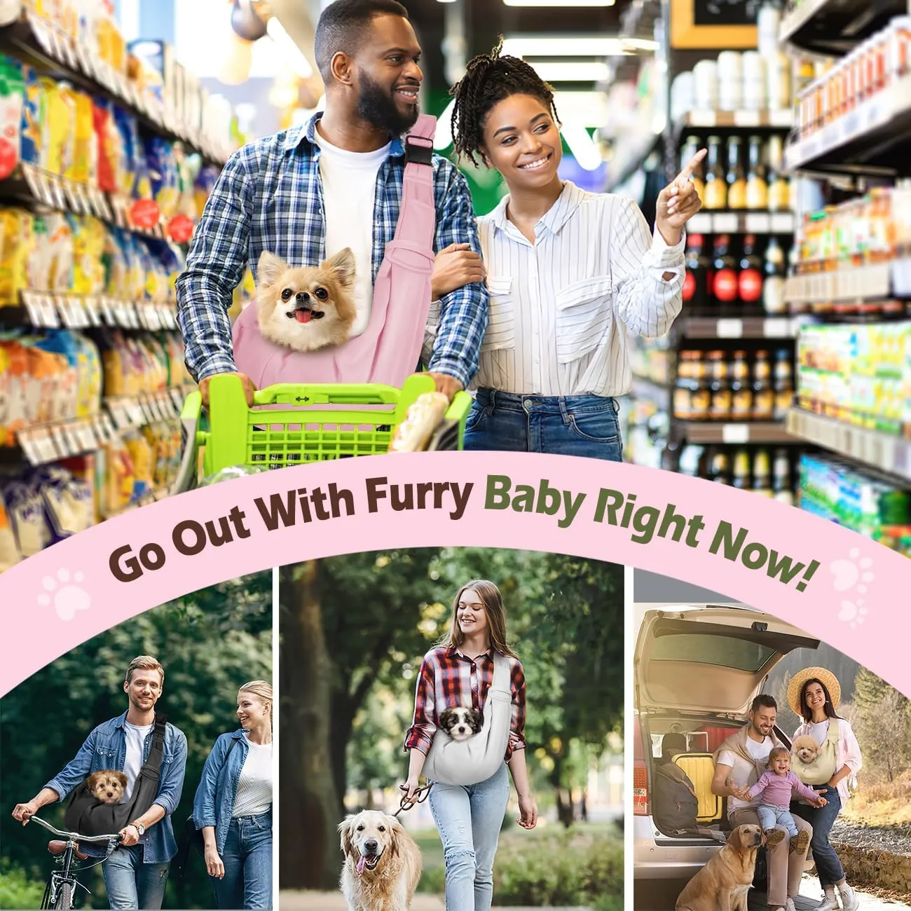 Pawaboo Dog Sling Carrier for Small Dogs, Reversible Hand Free Dog Carrier Sling with Adjustable Strap Buckle & Safety Leash, Soft Pouch and Tote, for Carry Small Dogs and Cats, Up to 12lbs,Light Pink