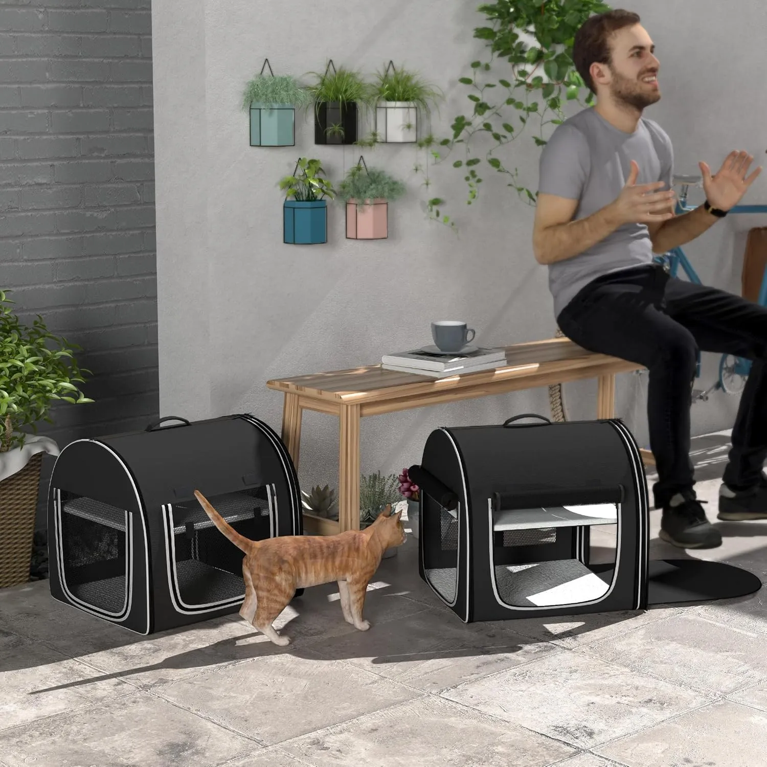 PawHut 39" Portable Soft-Sided Cat Carrier, Cat Kennel, Travel Dog Crate with Divider, Two Compartments, Soft Cushions & Storage Bag, Easy to Fold, Black