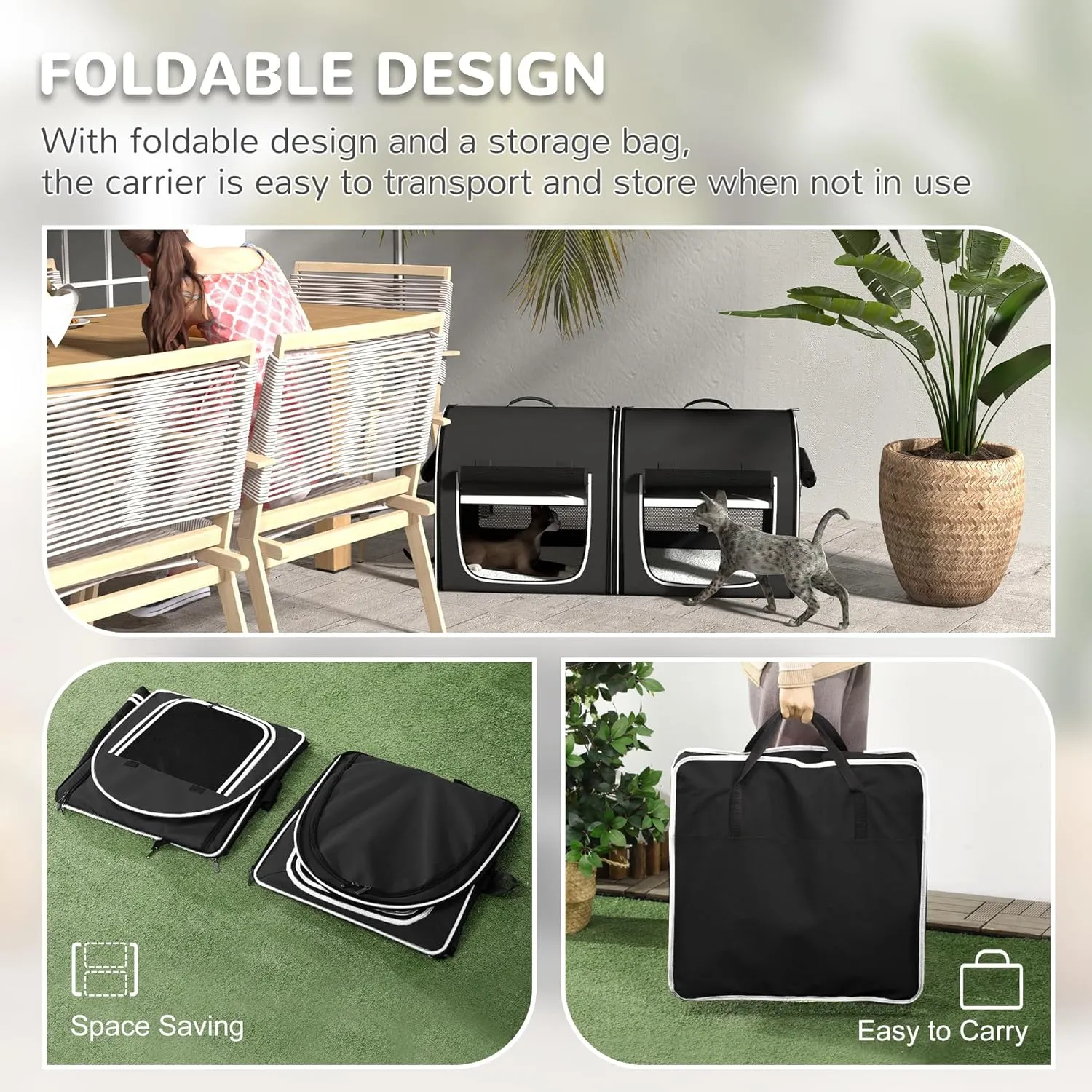 PawHut 39" Portable Soft-Sided Cat Carrier, Cat Kennel, Travel Dog Crate with Divider, Two Compartments, Soft Cushions & Storage Bag, Easy to Fold, Black