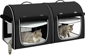 PawHut 39" Portable Soft-Sided Cat Carrier, Cat Kennel, Travel Dog Crate with Divider, Two Compartments, Soft Cushions & Storage Bag, Easy to Fold, Black