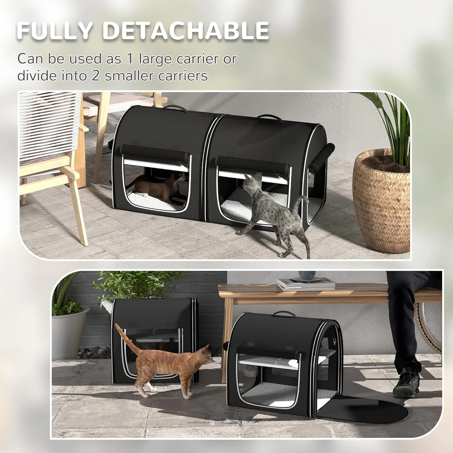 PawHut 39" Portable Soft-Sided Cat Carrier, Cat Kennel, Travel Dog Crate with Divider, Two Compartments, Soft Cushions & Storage Bag, Easy to Fold, Black
