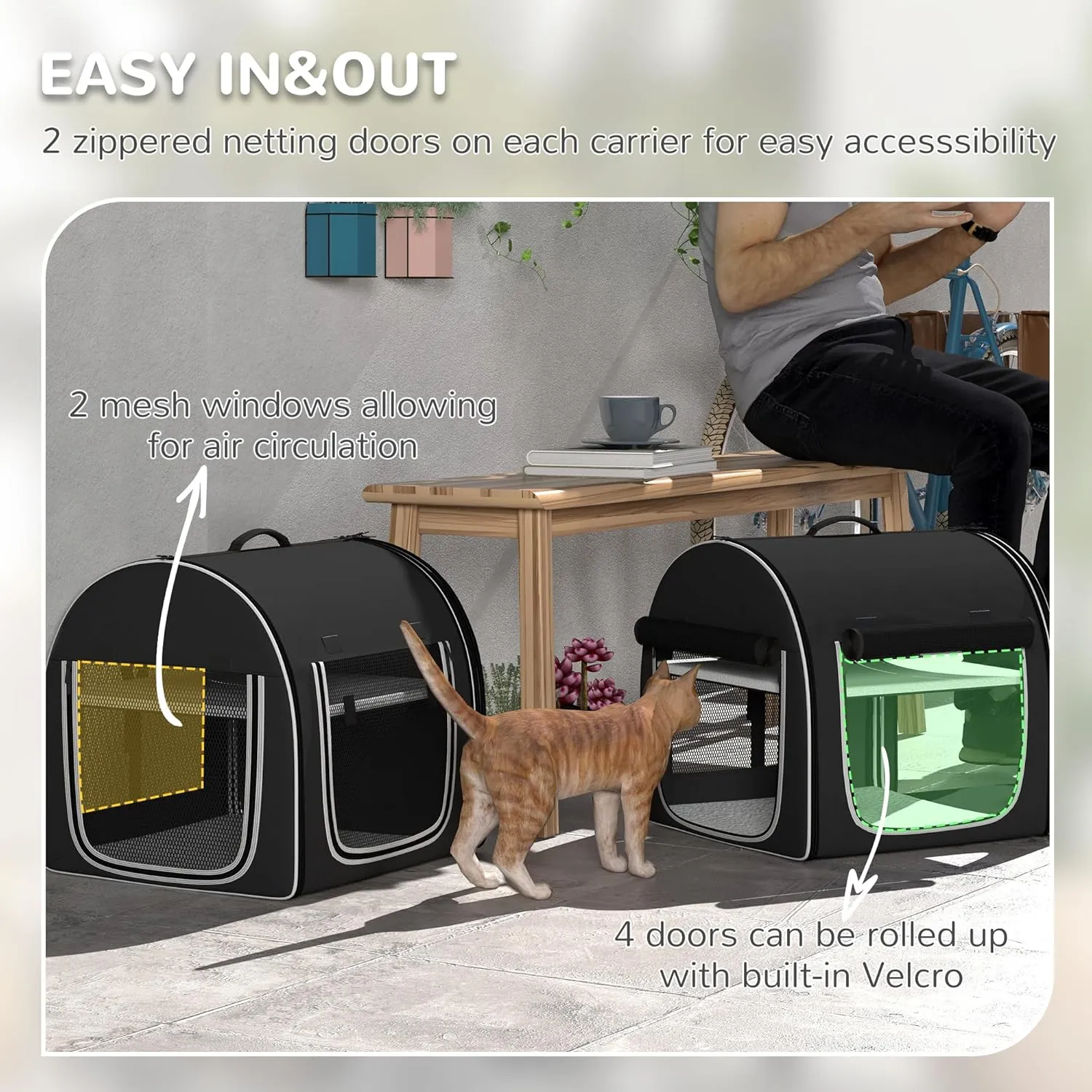 PawHut 39" Portable Soft-Sided Cat Carrier, Cat Kennel, Travel Dog Crate with Divider, Two Compartments, Soft Cushions & Storage Bag, Easy to Fold, Black