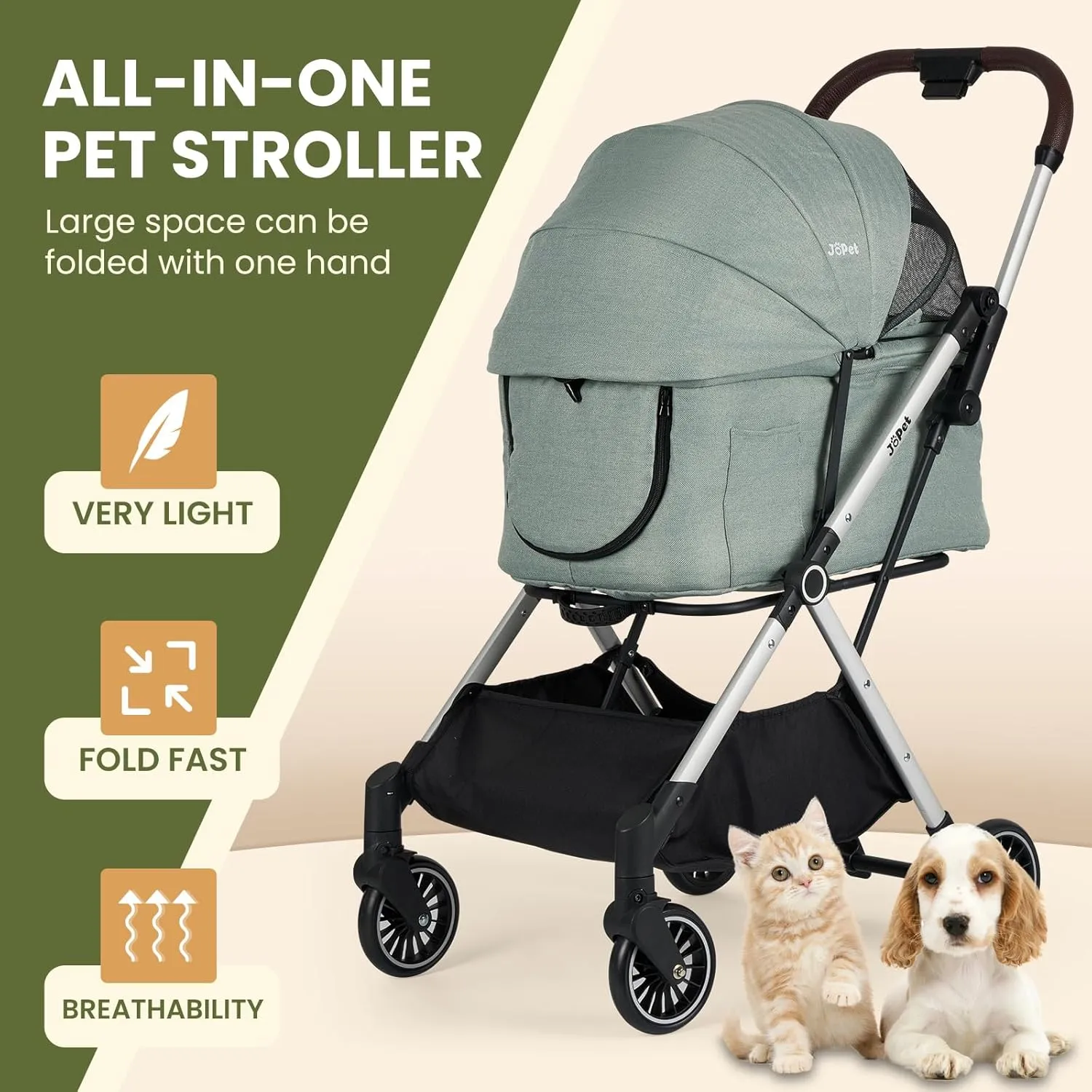 Pet Stroller for Small and medlium Dogs, Cats, Aluminum Alloy Frame, Dog Cat Stroller, Lightweight, Foldable carts, One-Hand Automatic Folding, Quick Release Wheel (Sage Green)