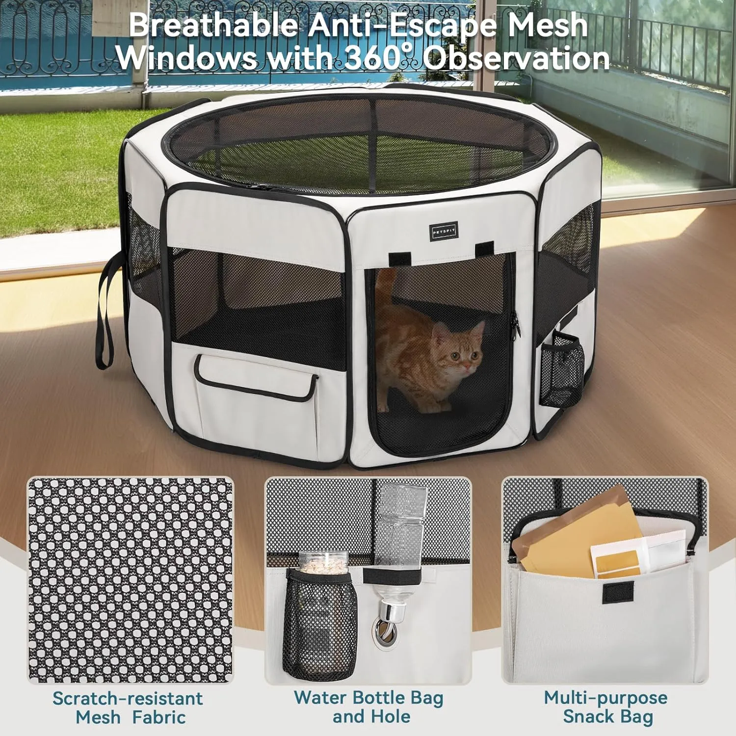PETSFIT Dog Playpen Indoor/Outdoor,Portable Pet Playpen with Removable Zipper Top,Waterproof Bottom, Foldable Puppy Pen for Cats, Large Breeds (45.5L x 45.5W x 28.5H)