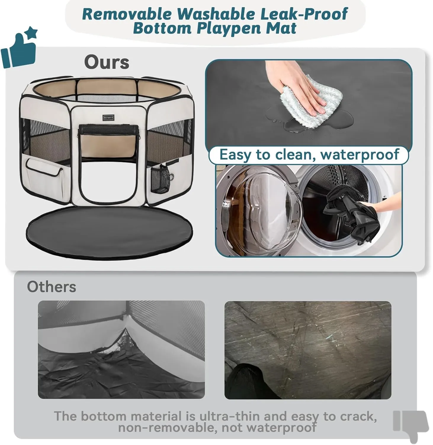 PETSFIT Dog Playpen Indoor/Outdoor,Portable Pet Playpen with Removable Zipper Top,Waterproof Bottom, Foldable Puppy Pen for Cats, Large Breeds (45.5L x 45.5W x 28.5H)