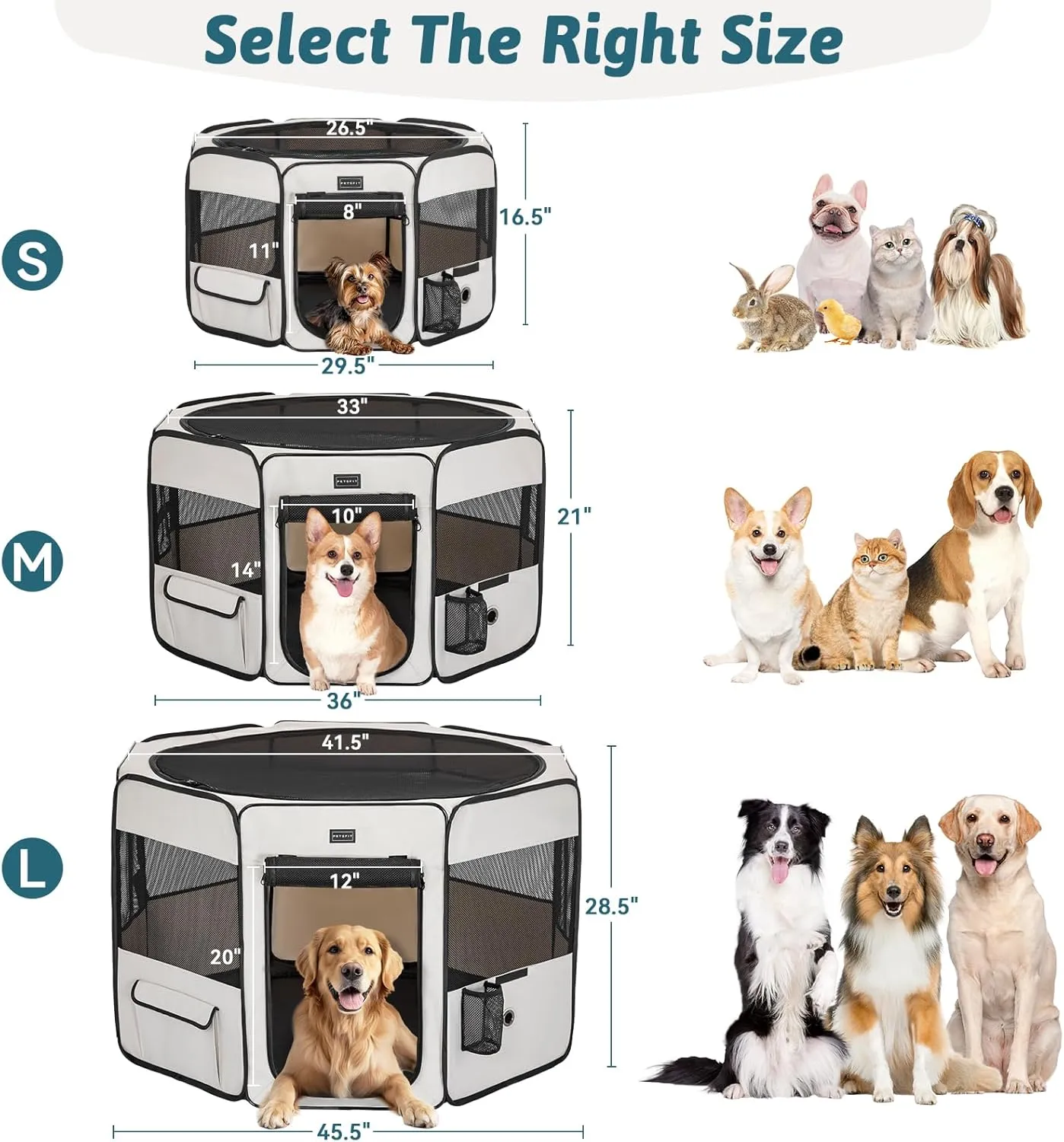 PETSFIT Dog Playpen Indoor/Outdoor,Portable Pet Playpen with Removable Zipper Top,Waterproof Bottom, Foldable Puppy Pen for Cats, Large Breeds (45.5L x 45.5W x 28.5H)