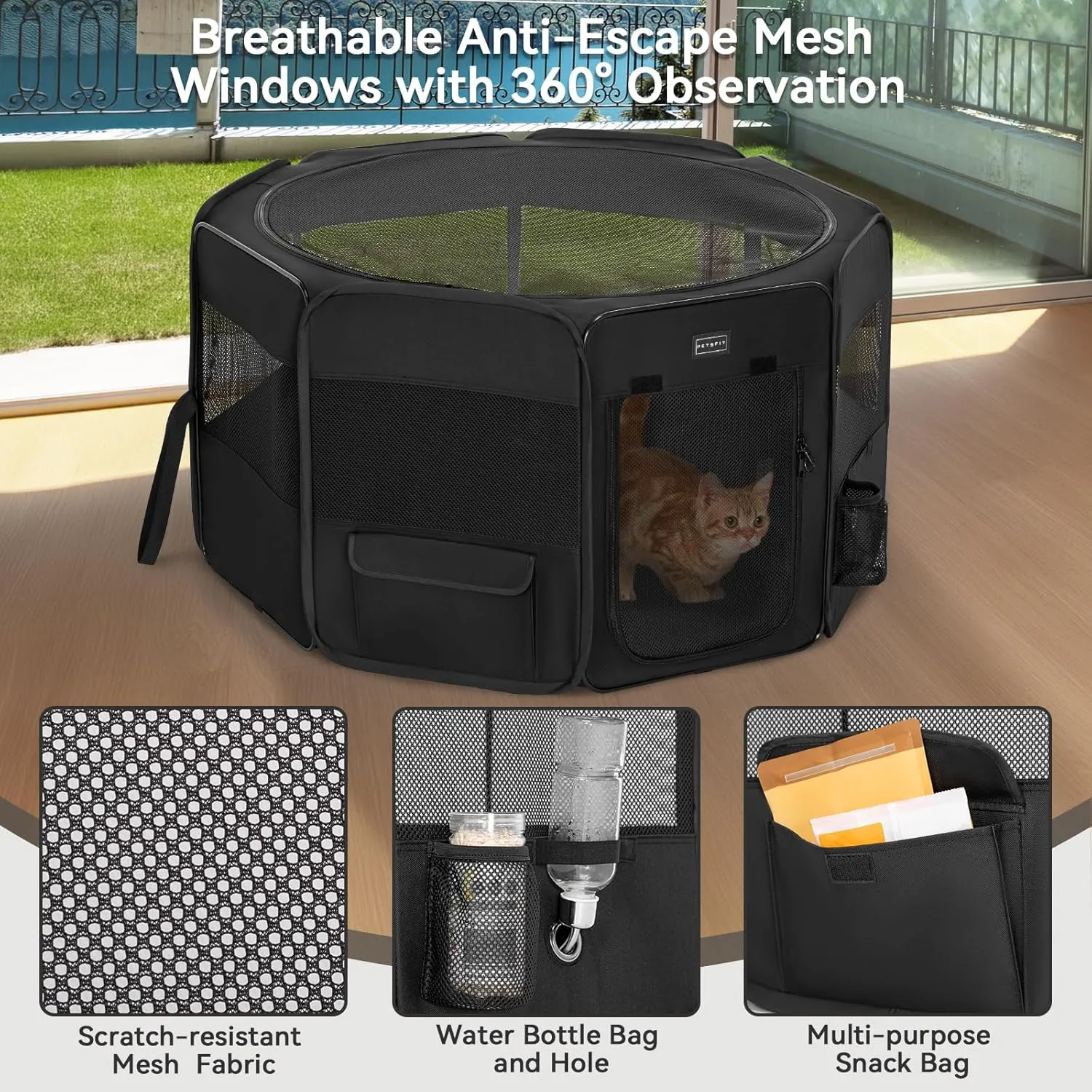 PETSFIT Dog Playpen Indoor/Outdoor,Portable Pet Playpen with Removable Zipper Top,Waterproof Bottom, Foldable Puppy Pen for Cats, Large Breeds (45.5L x 45.5W x 28.5H)