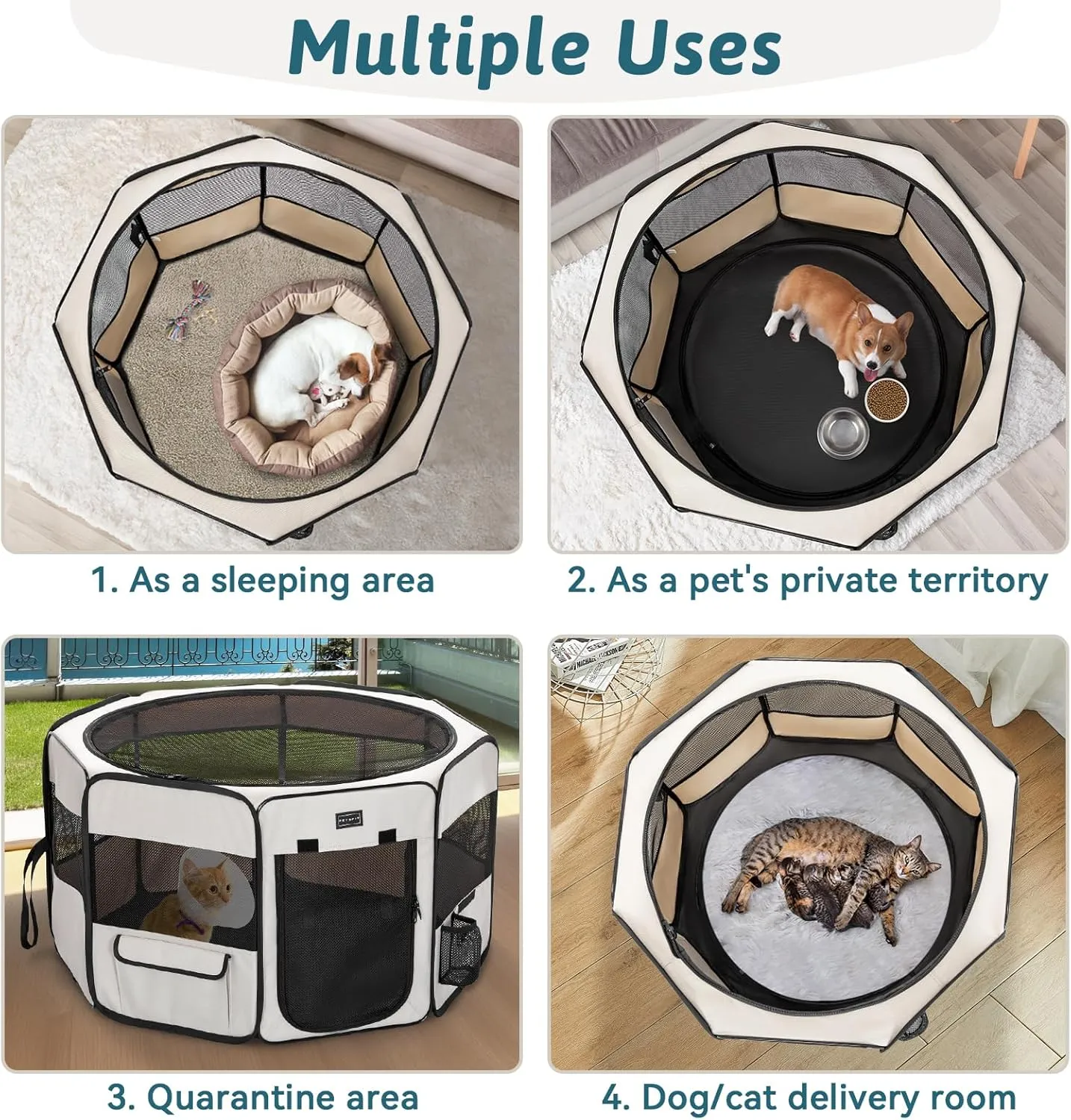 PETSFIT Dog Playpen Indoor/Outdoor,Portable Pet Playpen with Removable Zipper Top,Waterproof Bottom, Foldable Puppy Pen for Cats, Large Breeds (45.5L x 45.5W x 28.5H)