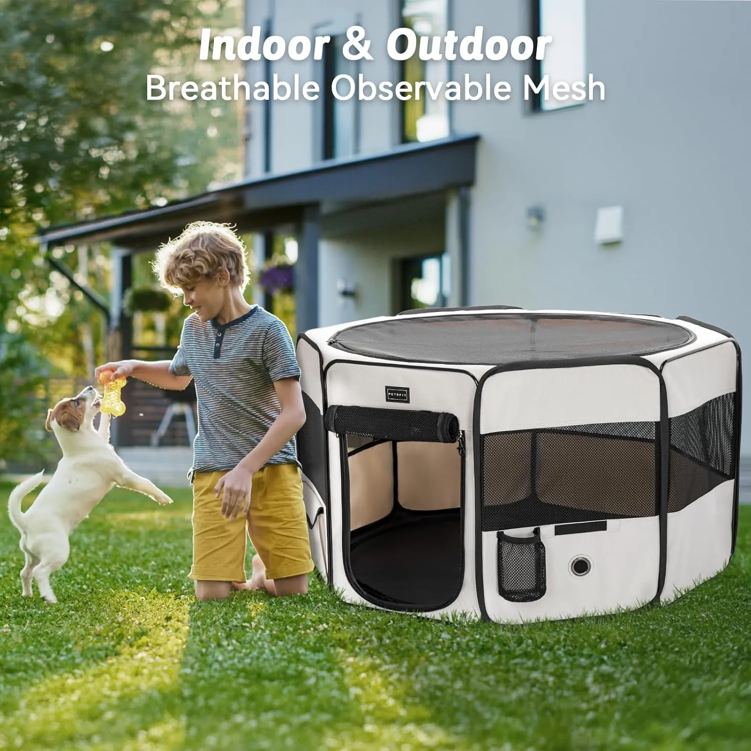 PETSFIT Dog Playpen Indoor/Outdoor,Portable Pet Playpen with Removable Zipper Top,Waterproof Bottom, Foldable Puppy Pen for Cats, Large Breeds (45.5L x 45.5W x 28.5H)