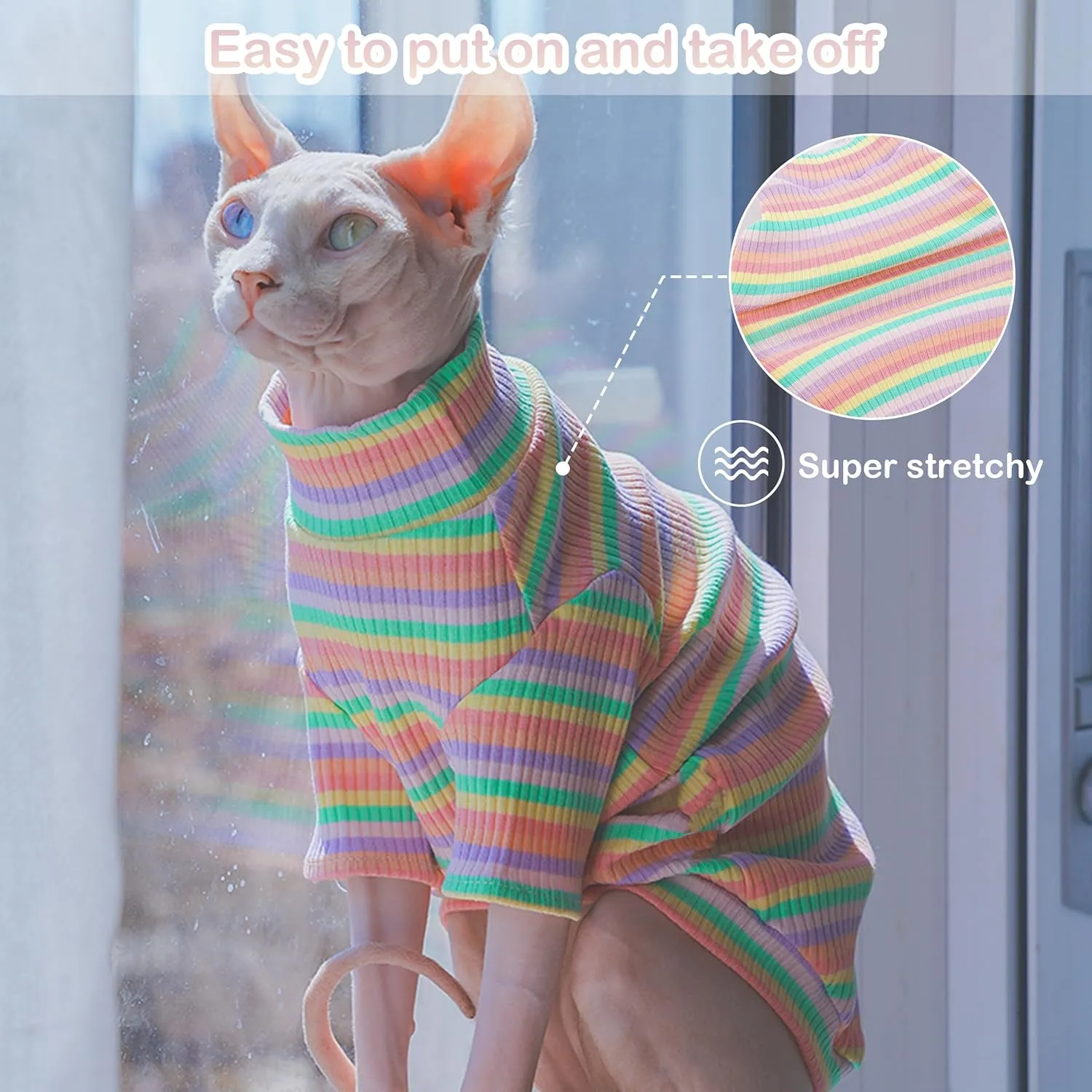PUMYPOREITY Sphynx Cat Clothes - Soft Hairless Shirt With Sleeves, Stretchy Sweater, Pullover Pajamas Jumpsuit, Turtleneck Outfit for Sphynx Cornish Rex, Devon Rex - Rainbow, L