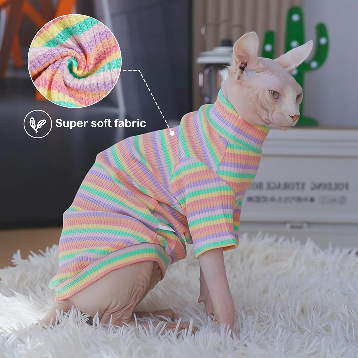 PUMYPOREITY Sphynx Cat Clothes - Soft Hairless Shirt With Sleeves, Stretchy Sweater, Pullover Pajamas Jumpsuit, Turtleneck Outfit for Sphynx Cornish Rex, Devon Rex - Rainbow, L