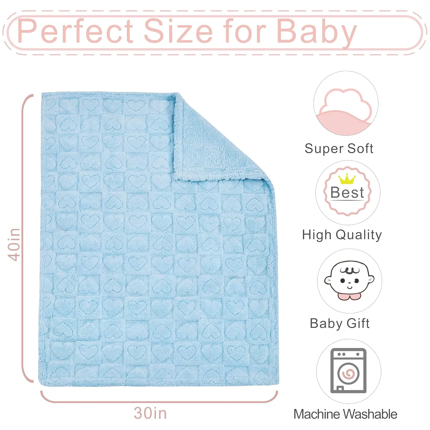 Sherpa Fleece Baby Blanket Heart Checkered Blanket, Ultra Soft Fluffy Premium Baby Blankets for Boys Girls, Cozy Infant Toddler Newborn Receiving Blankets for Crib Stroller 3040 (Blue)