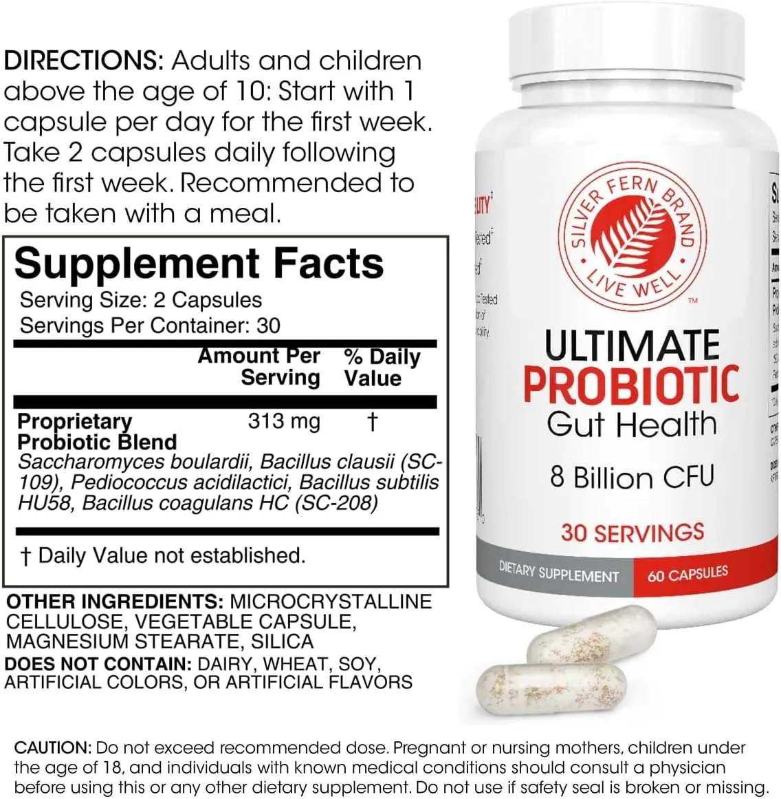 Silver Fern Ultimate Probiotic Supplement Vegicaps - Daily Metabolic Restoration, Proven Survivability, DNA Verified Multi-Strain Bacillus Probiotic Capsules (1 Bottle - 60 Capsules)
